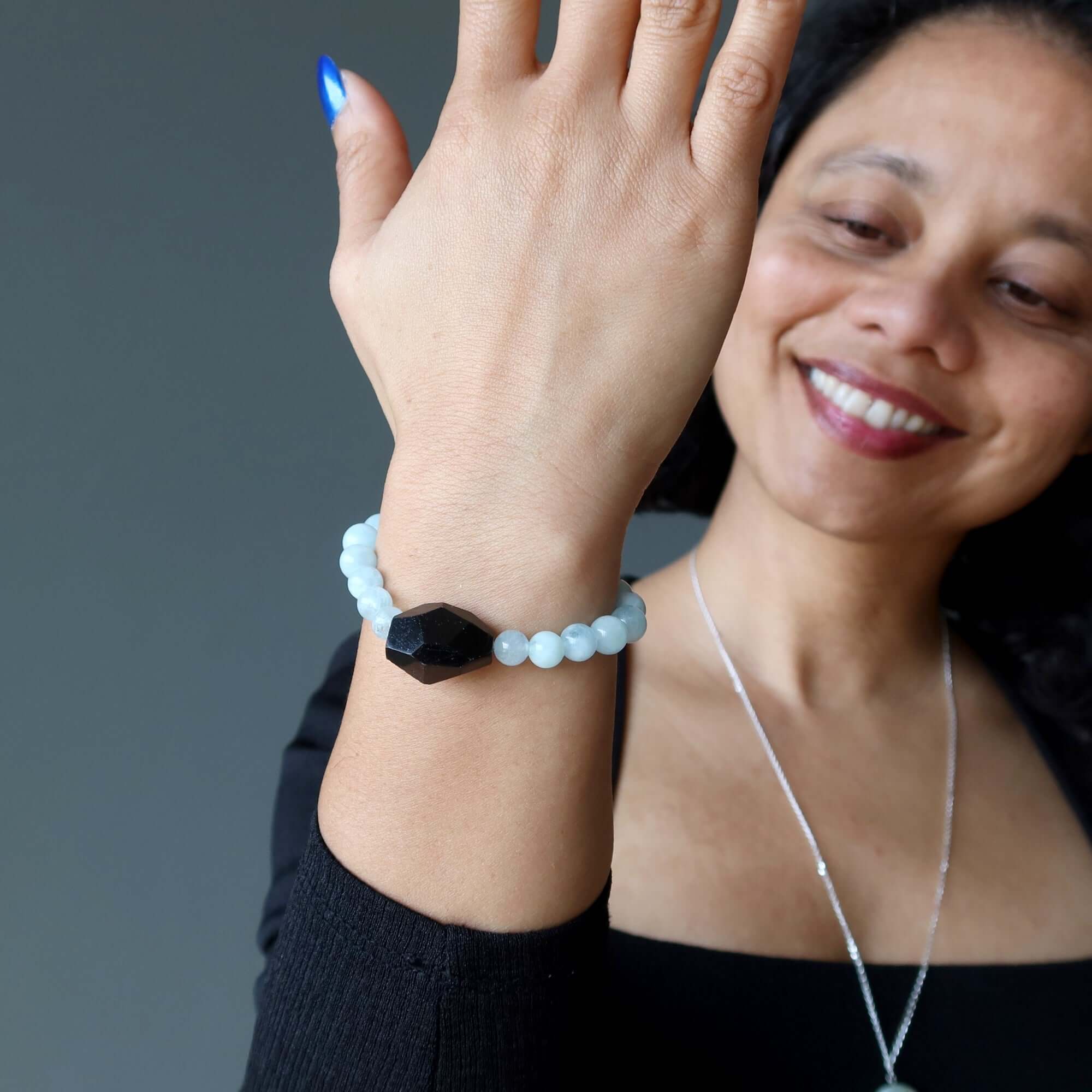 Aquamarine Bracelet & Black Tourmaline Bead Peace Protector