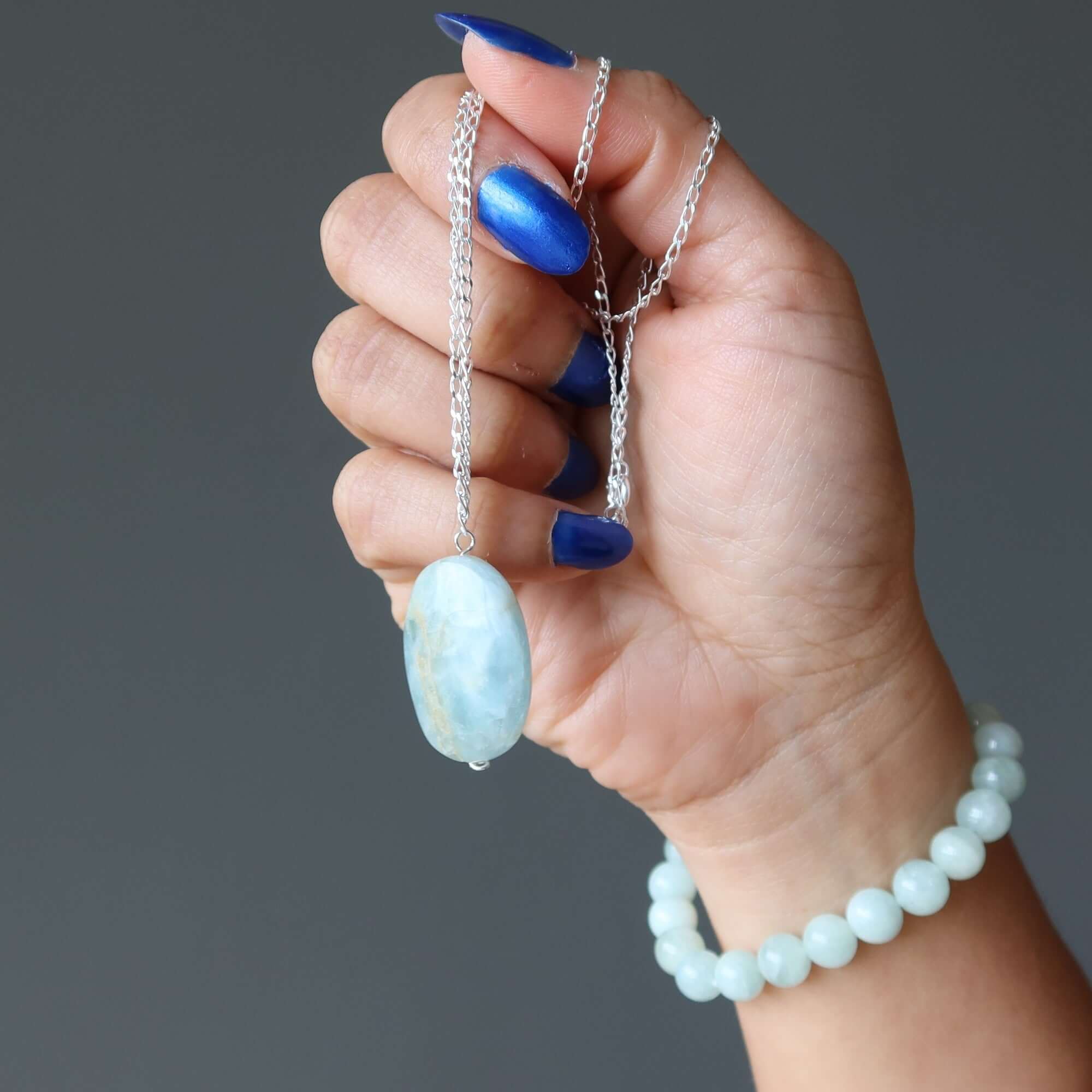 Collier aigue-marine, ovale bleu, faisceau, argent sterling