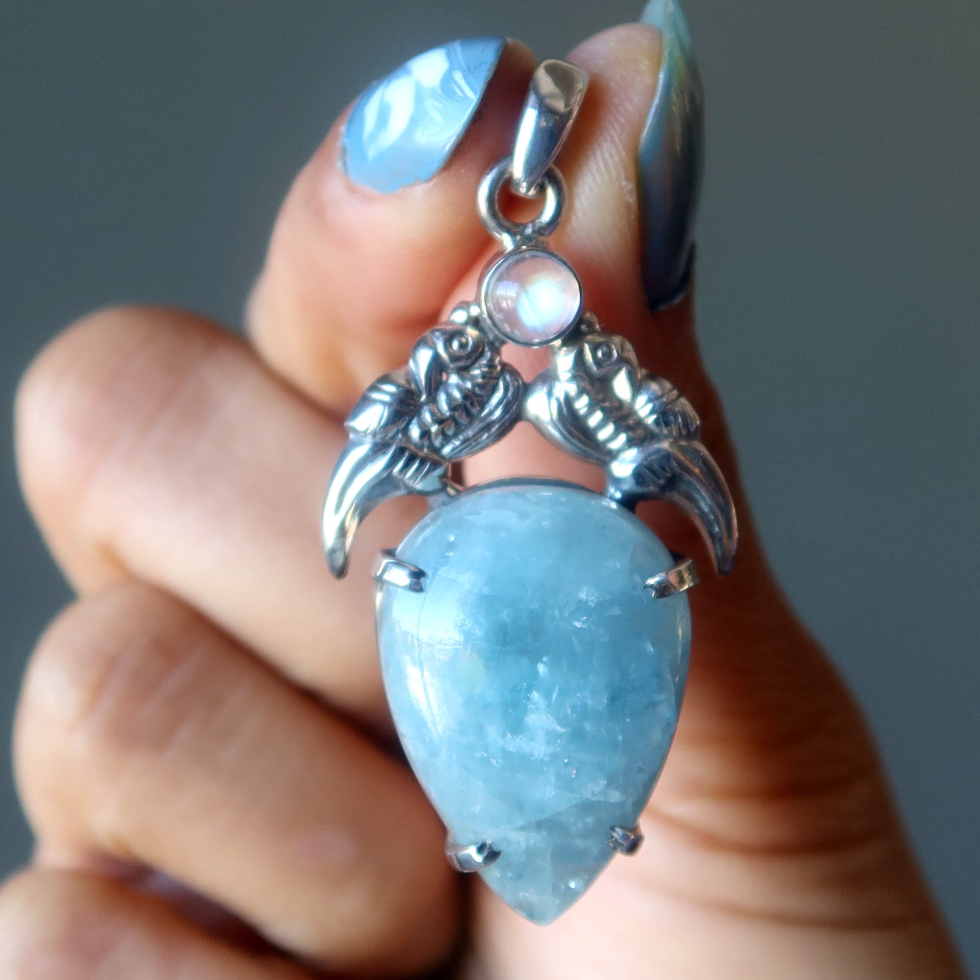 Aquamarine Pendant Love Birds Sterling Silver