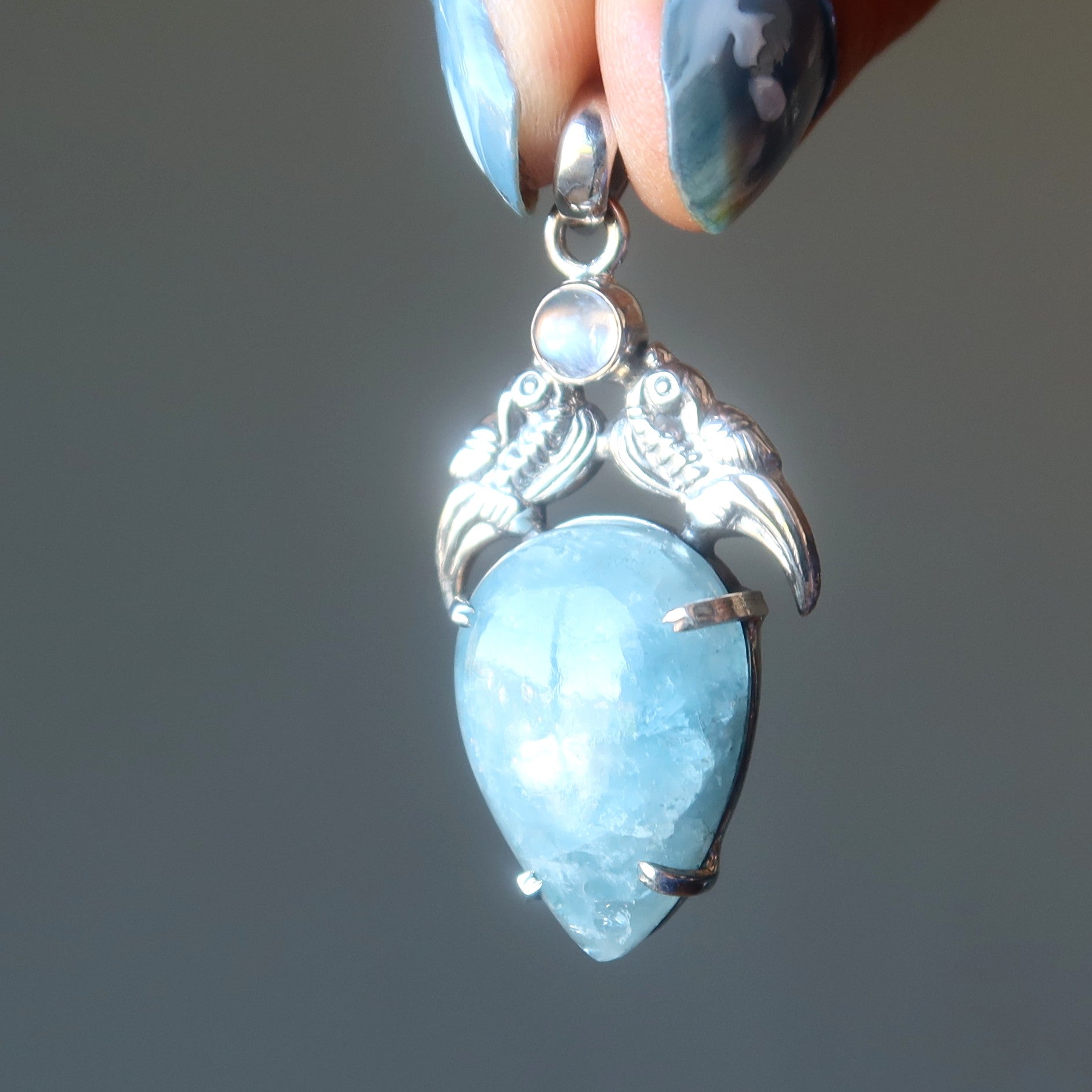Aquamarine Pendant Love Birds Sterling Silver