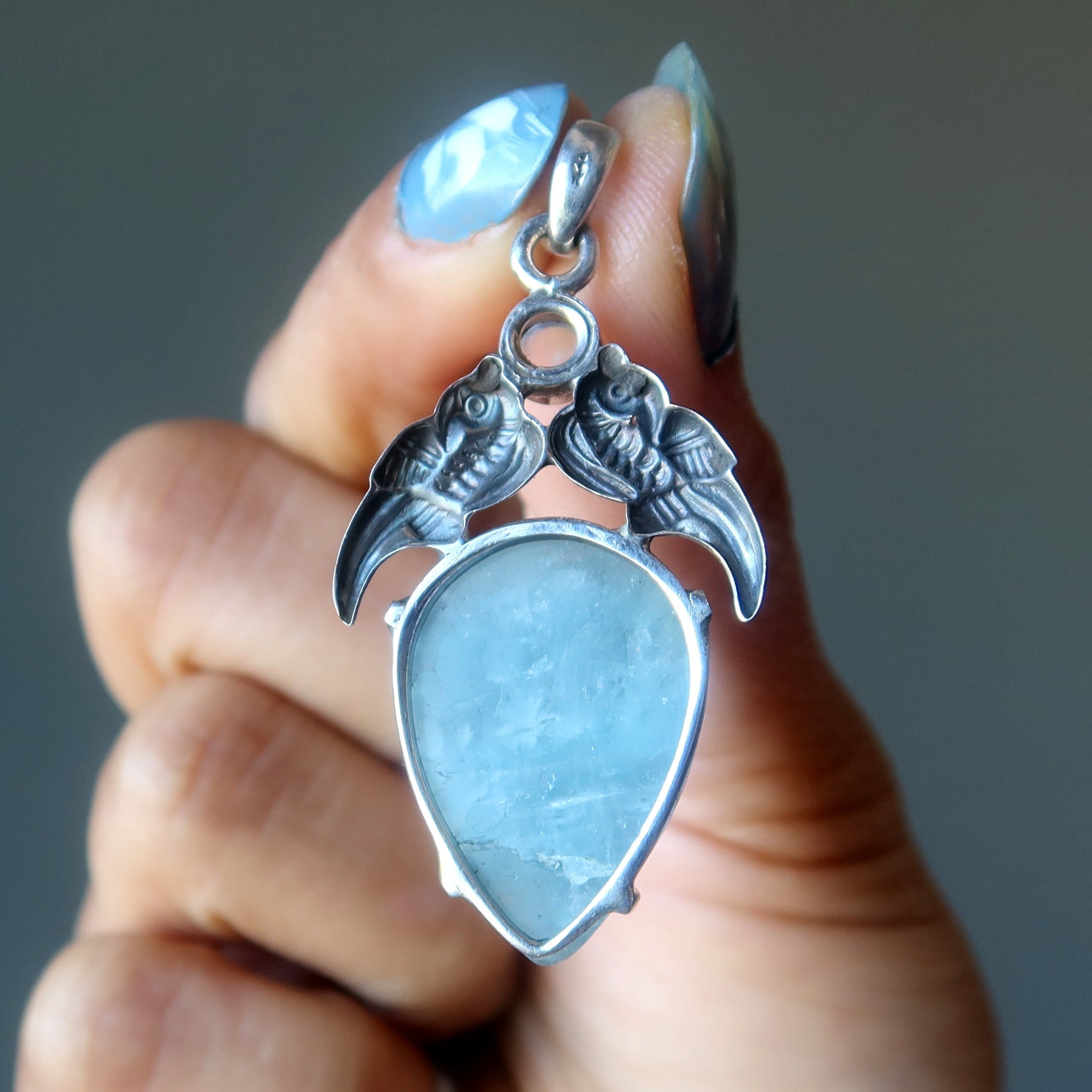 Aquamarine Pendant Love Birds Sterling Silver