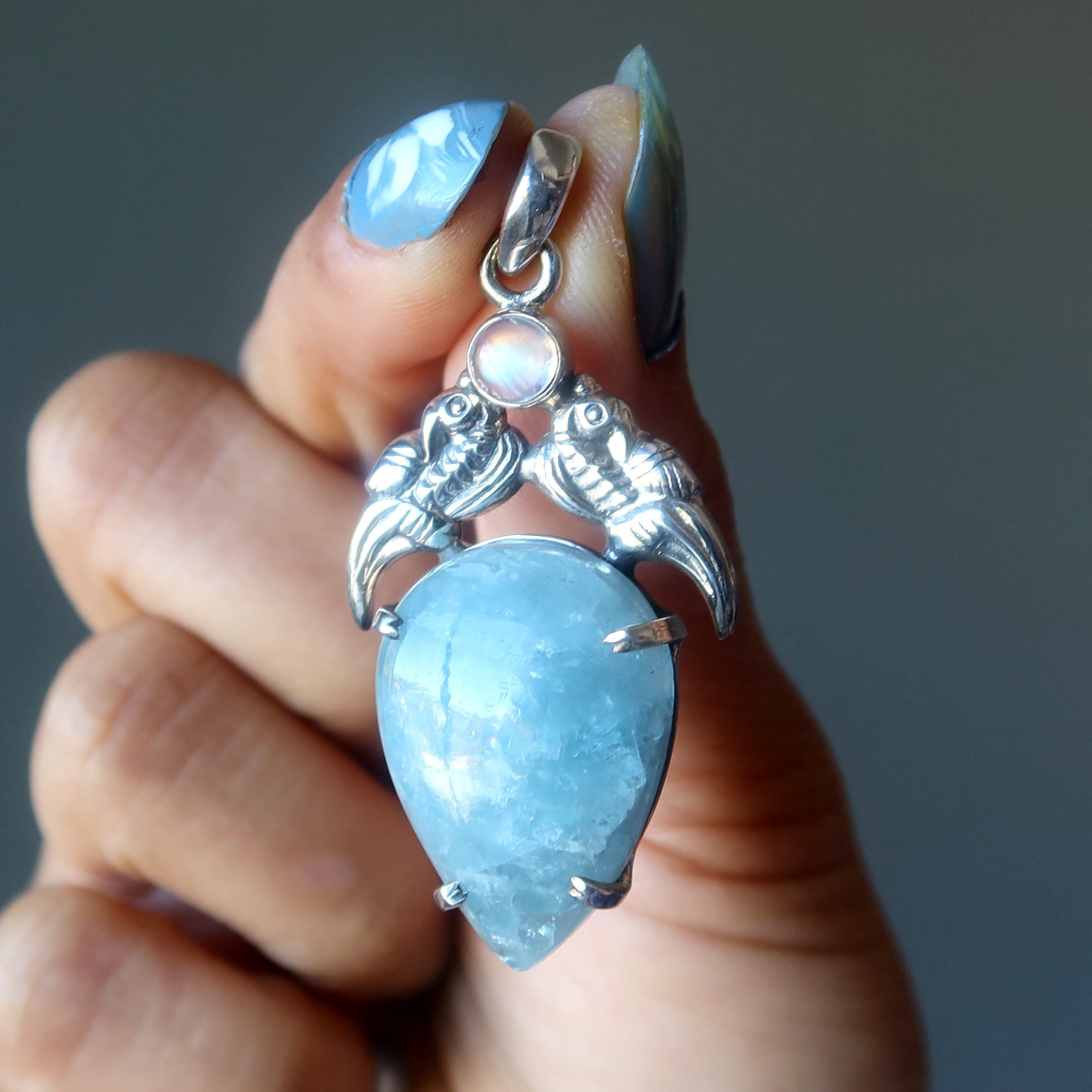 Aquamarine Pendant Love Birds Sterling Silver