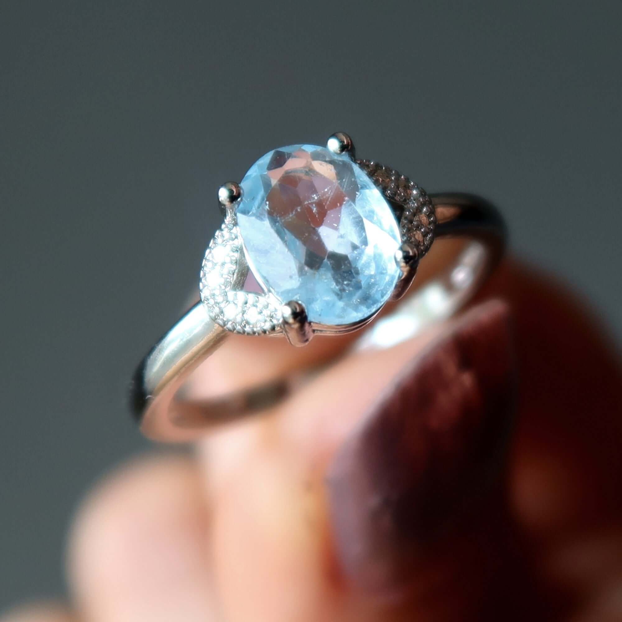Aquamarine Ring Cinderella Blue Gem White Bronze