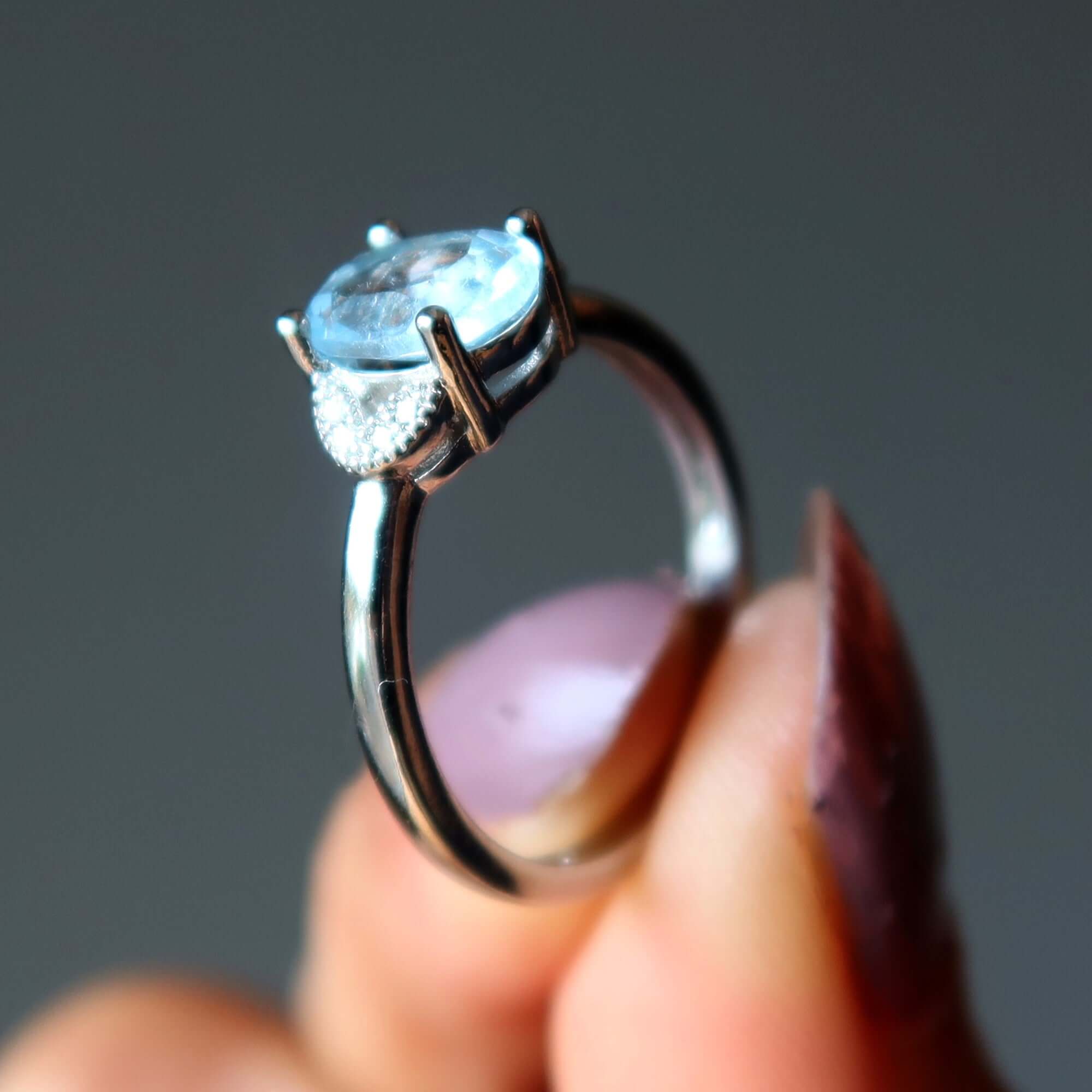 Aquamarine Ring Cinderella Blue Gem White Bronze