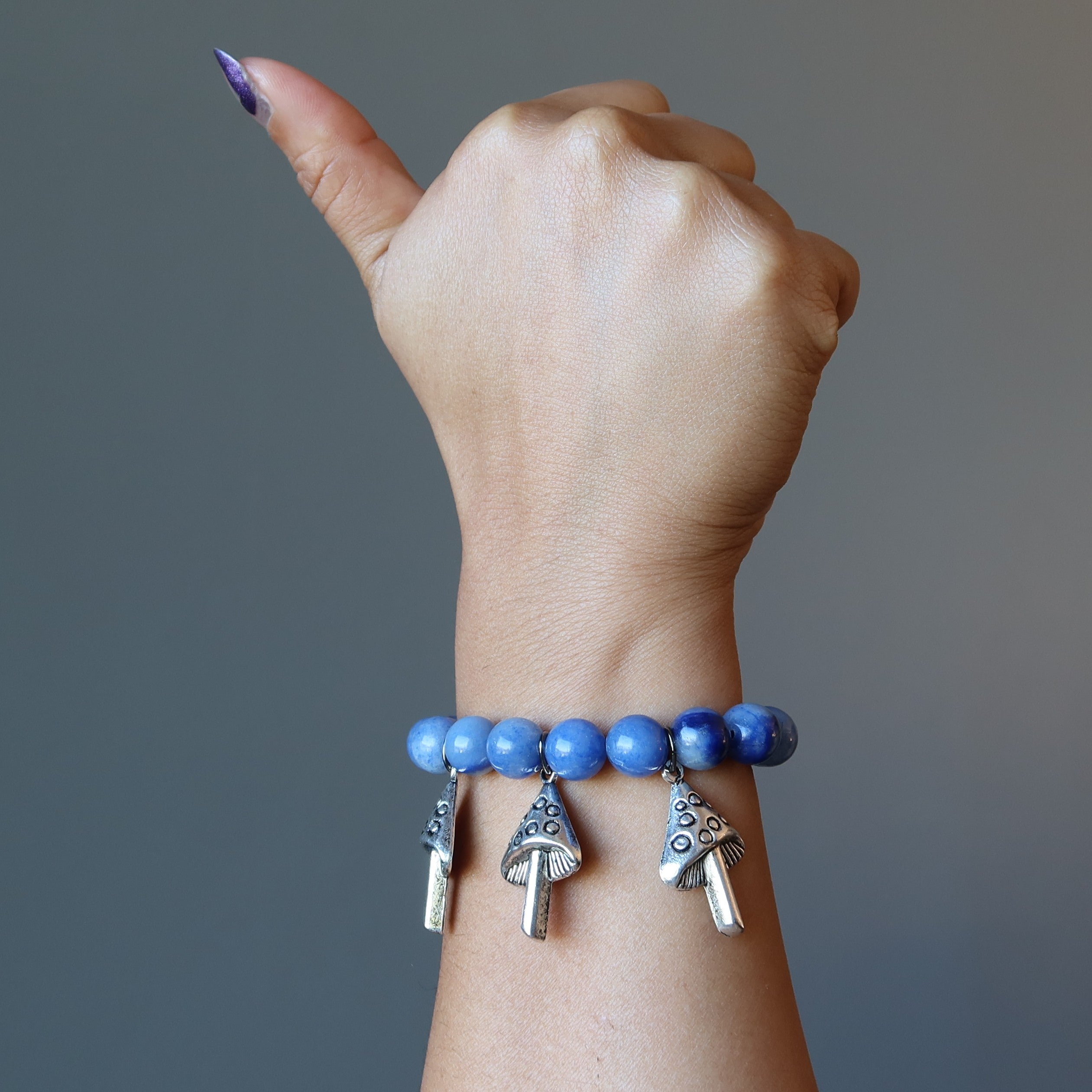 Blue Aventurine Bracelet Beaded Silver Magic Mushroom Charm