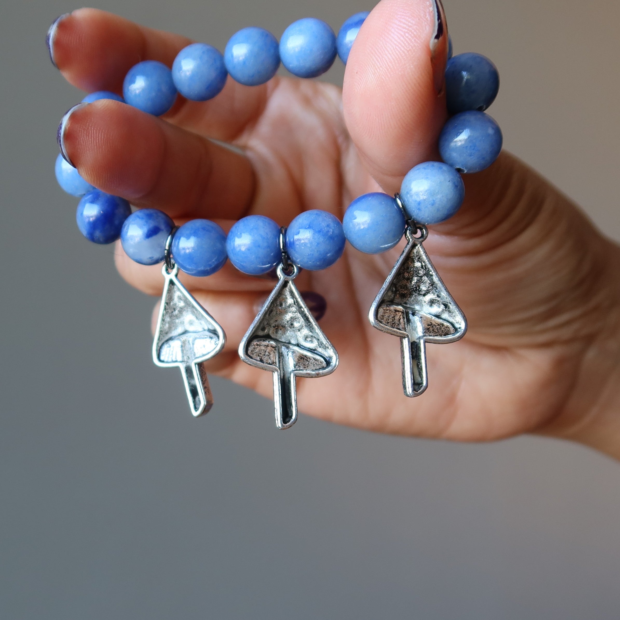 Blue Aventurine Bracelet Beaded Silver Magic Mushroom Charm