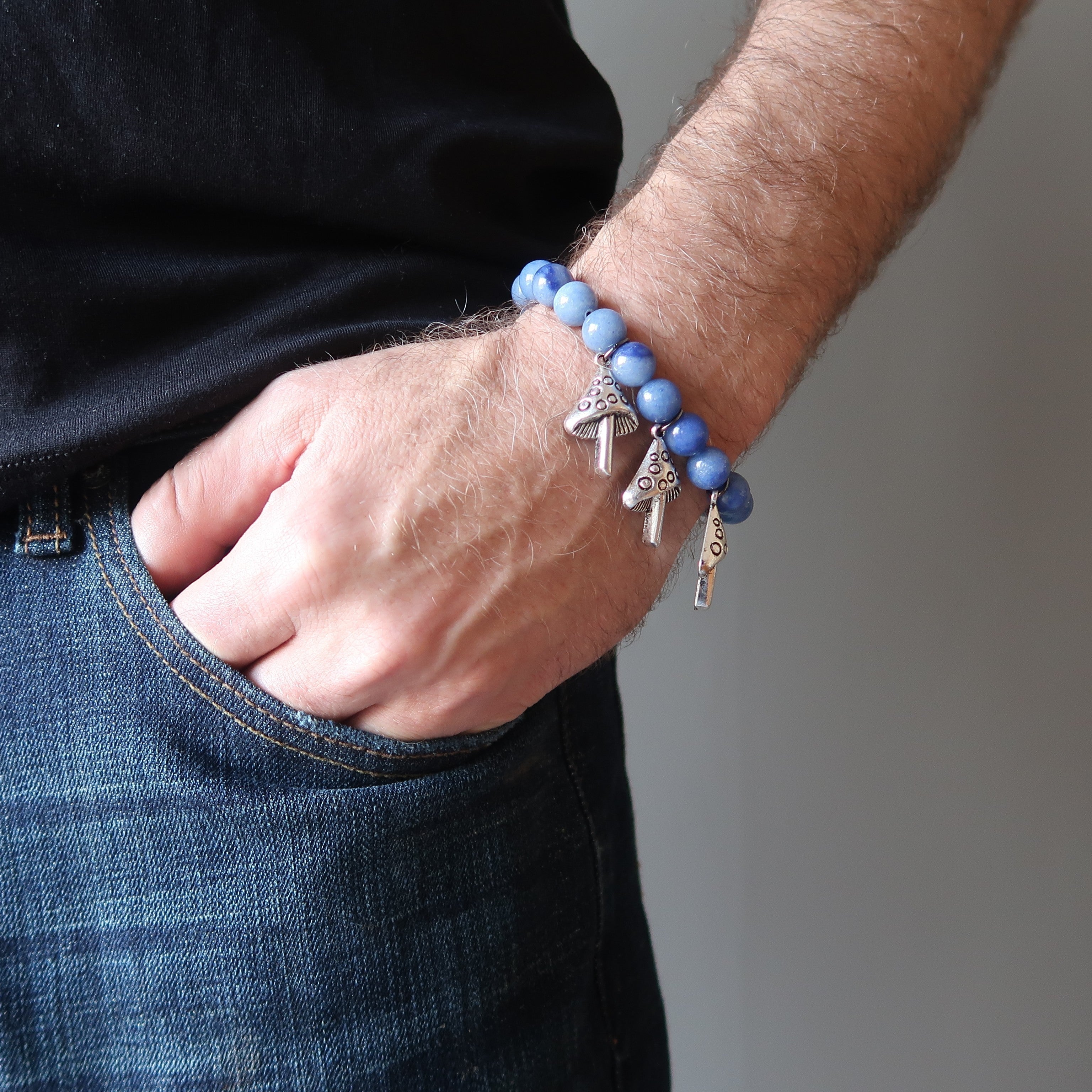 Blue Aventurine Bracelet Beaded Silver Magic Mushroom Charm