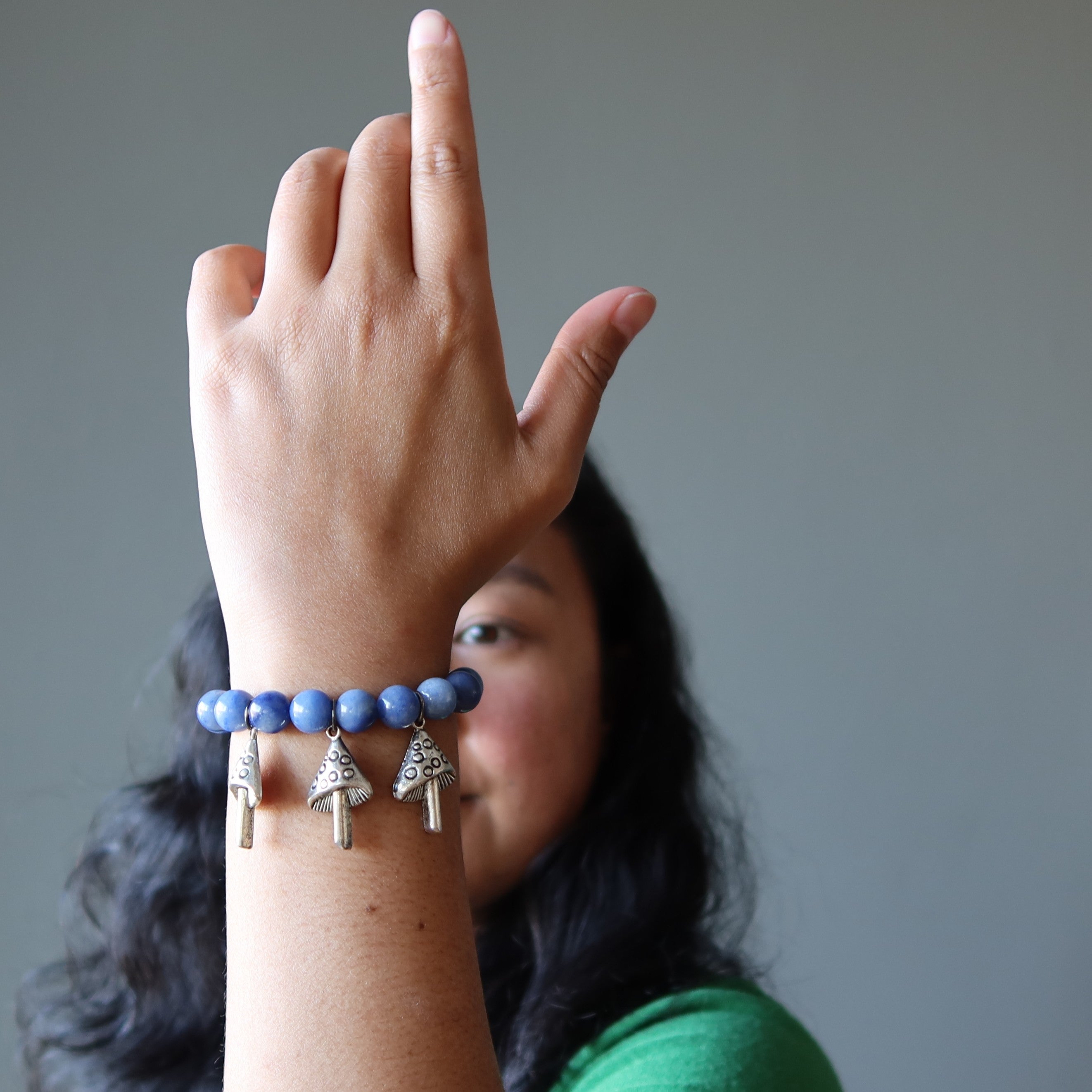 Blue Aventurine Bracelet Beaded Silver Magic Mushroom Charm