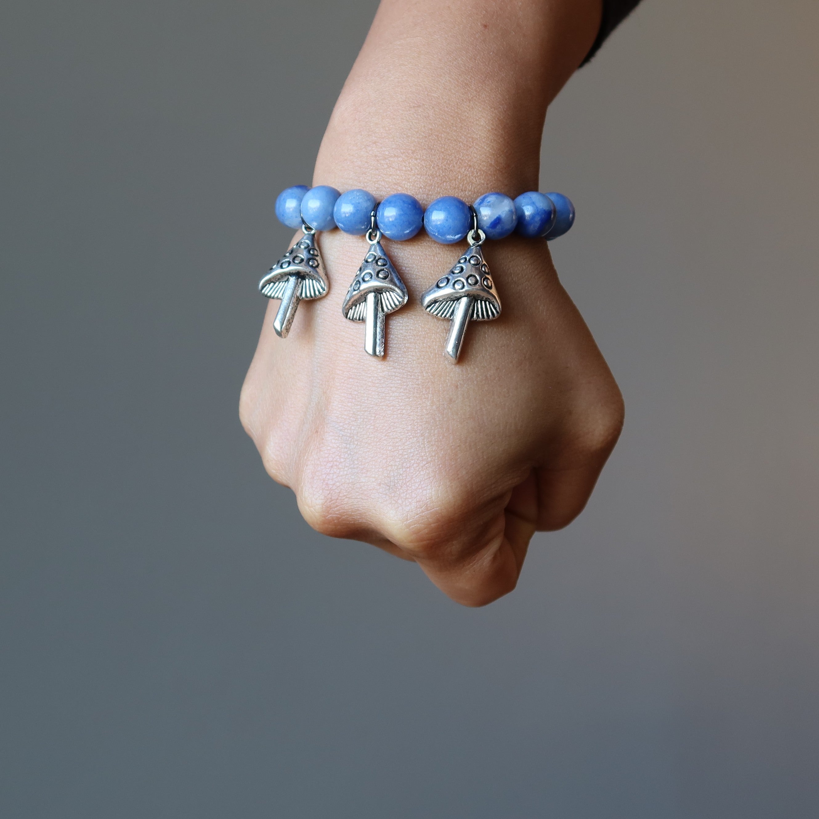 Blue Aventurine Bracelet Beaded Silver Magic Mushroom Charm