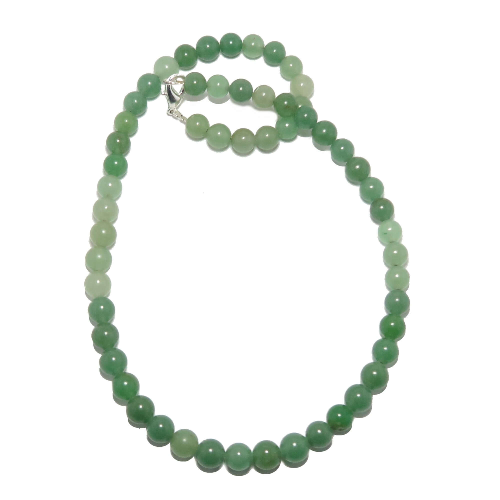 Green Aventurine necklace wear your wealth stones, 7-8mm polished green beads with silver clasp on white background