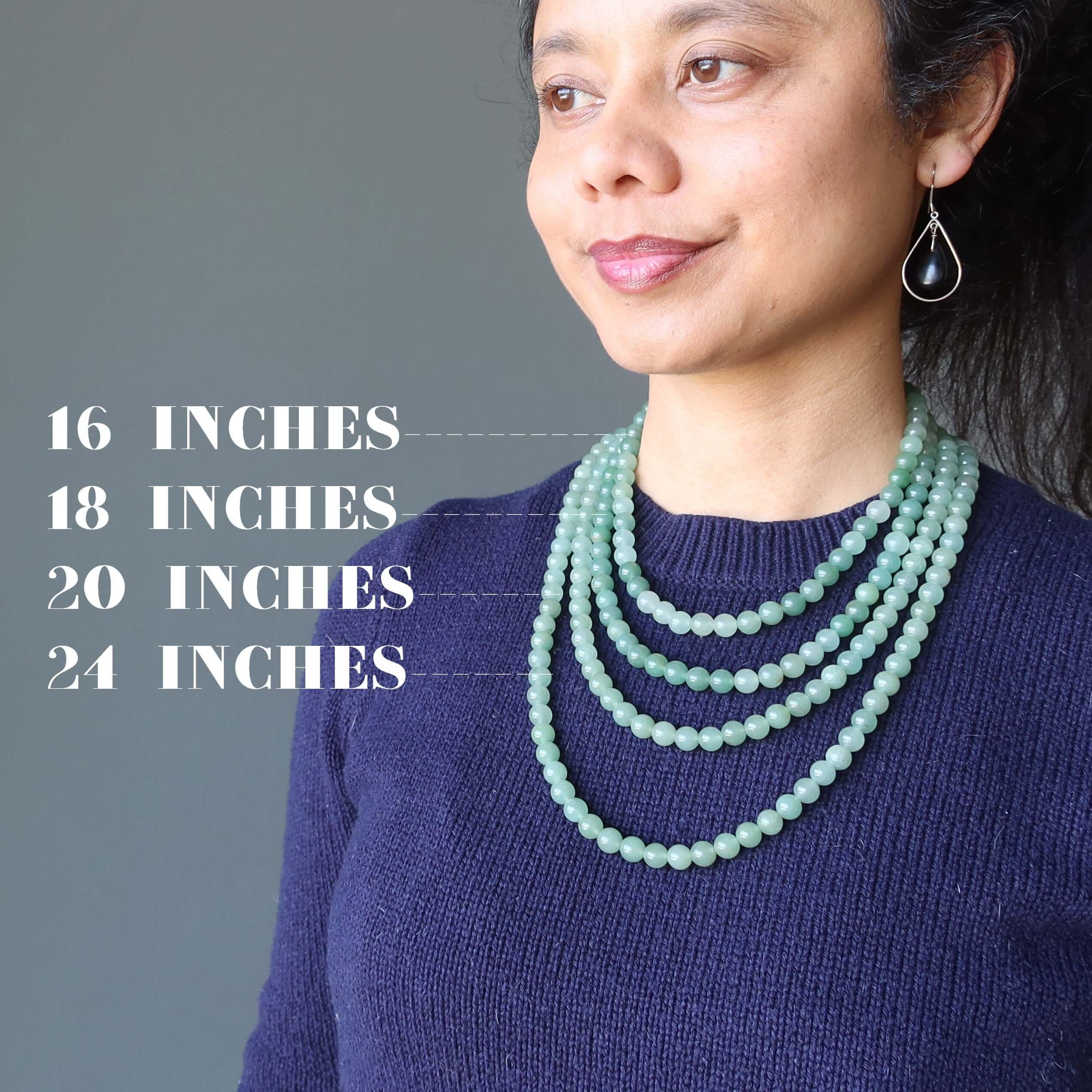 Green Aventurine Necklace Wear Your Wealth Stones shown in 16 18 20 and 24 inch lengths on model