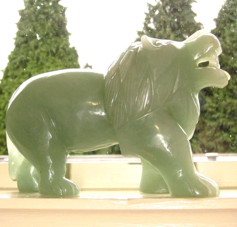 Lion Vert Aventurine Majestueux Abondance Chat Sculpture Animal Totem