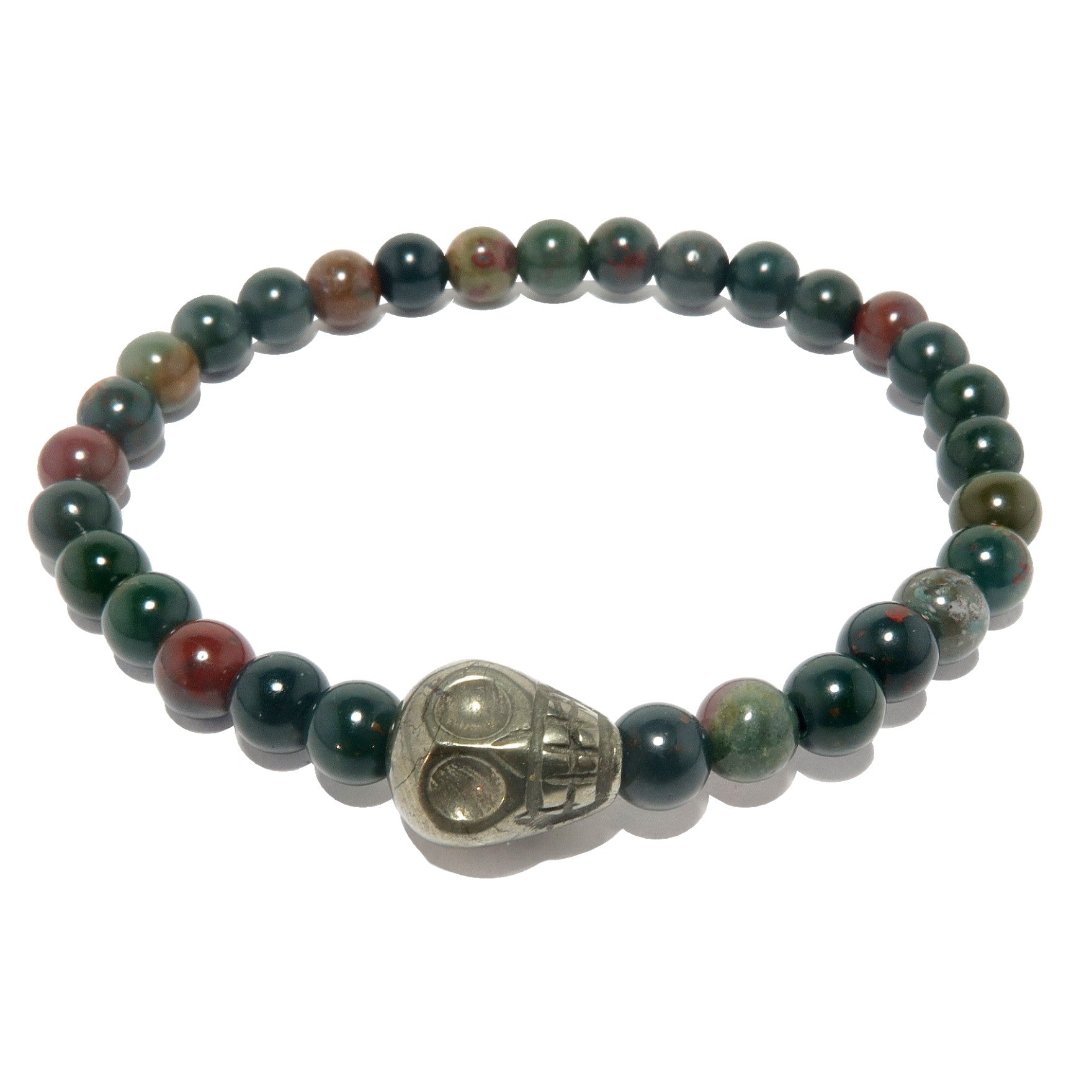 Blutsteinarmband & Pyrit-Totenkopf-Perle – Kantiges Katzengold-Juwel