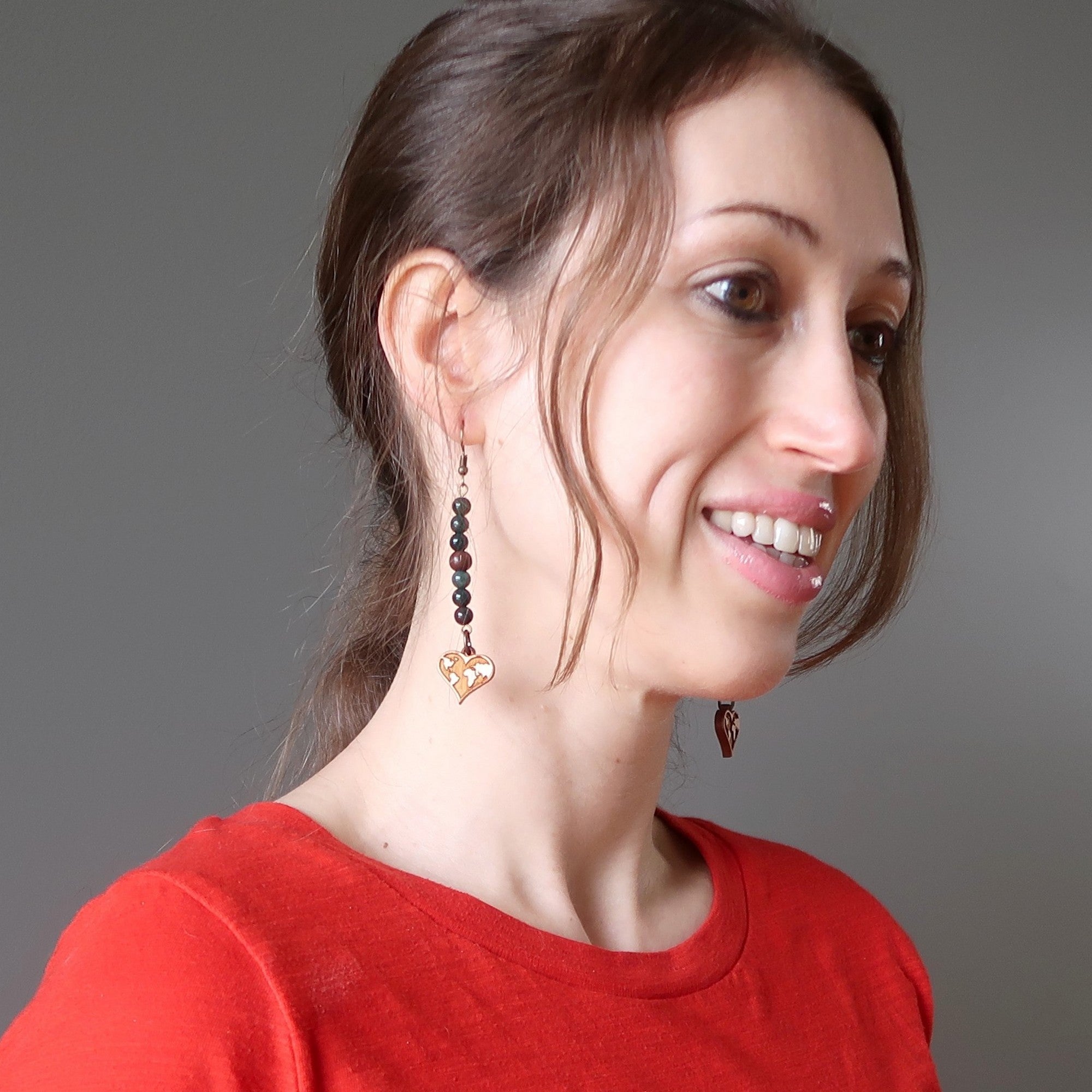 Bloodstone Earrings Love of Travel Wood Map Hearts
