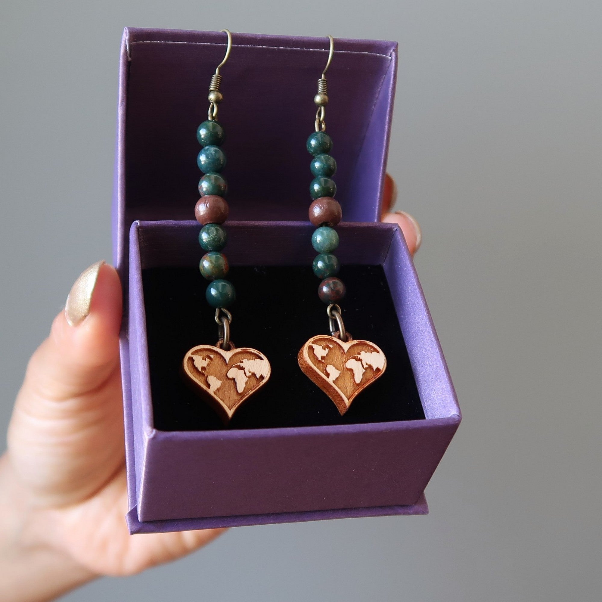 Bloodstone Earrings Love of Travel Wood Map Hearts