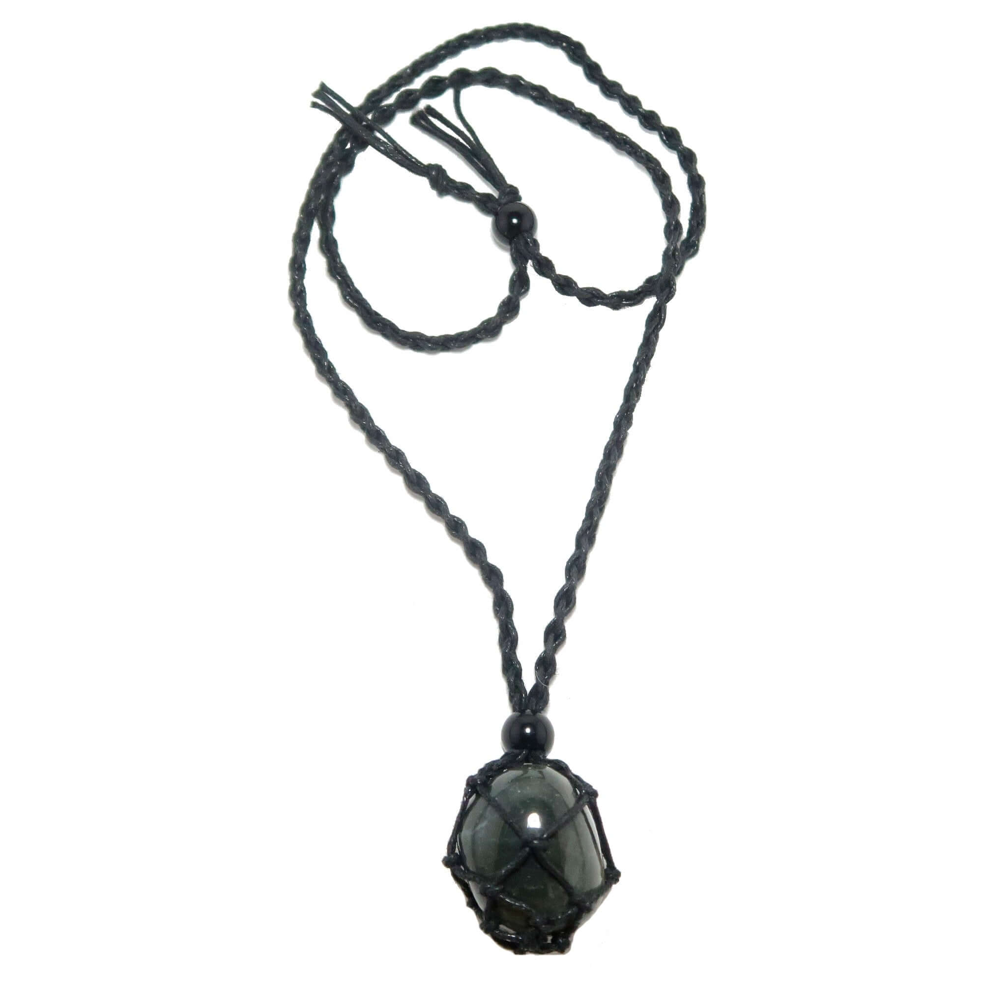 Bloodstone necklace courage carrier with polished gemstone in black macrame net on adjustable cord