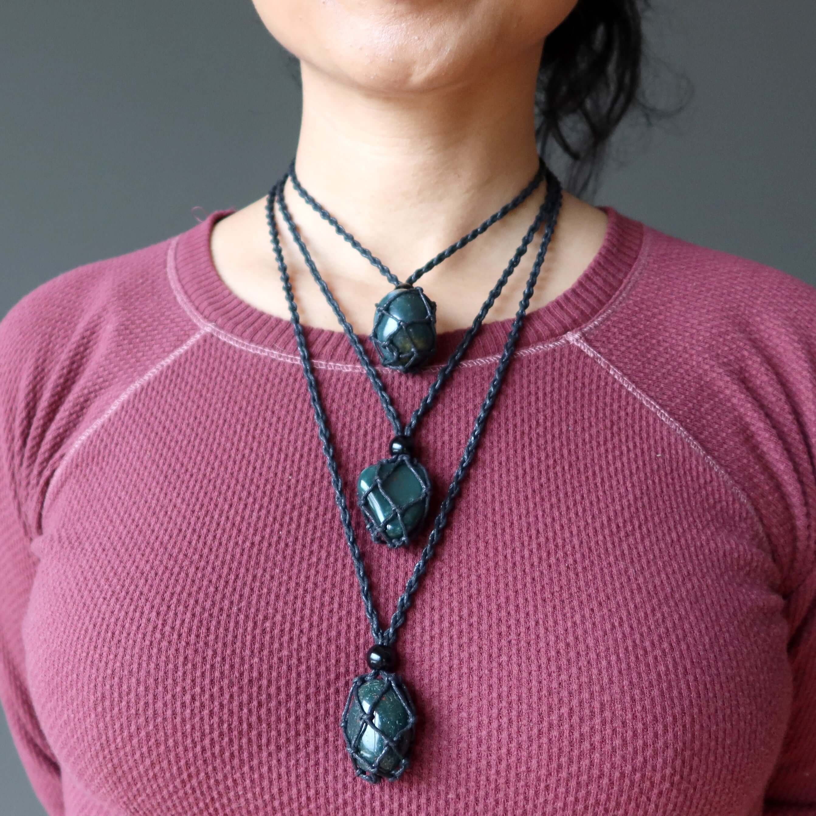 Bloodstone Necklace Courage Carrier macrame pendant trio on adjustable cord for confidence and healing jewelry