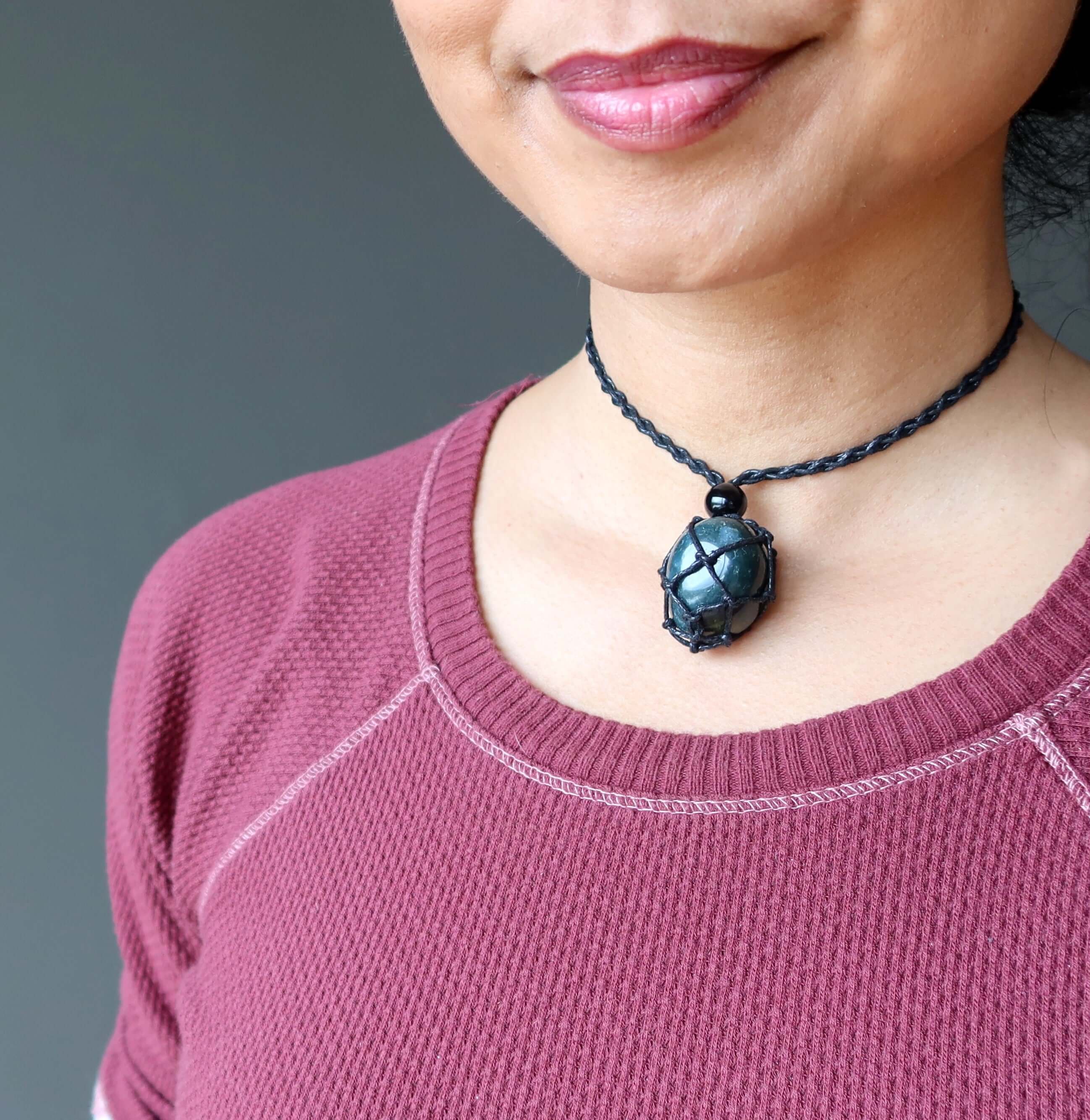 Bloodstone necklace courage carrier macrame pendant on adjustable cord worn at the throat