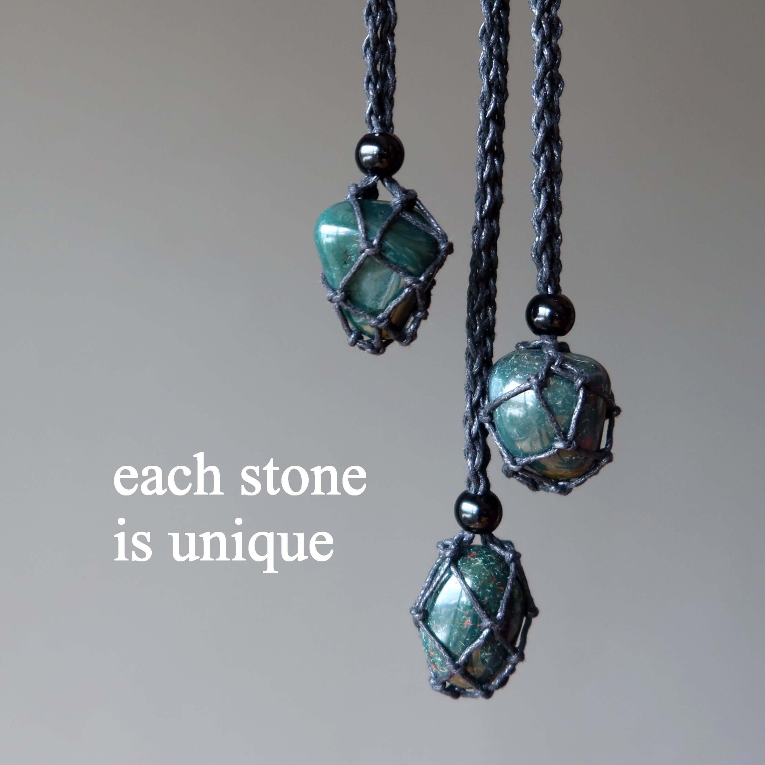 Bloodstone necklace courage carrier macrame pendant showing that each Bloodstone stone is unique