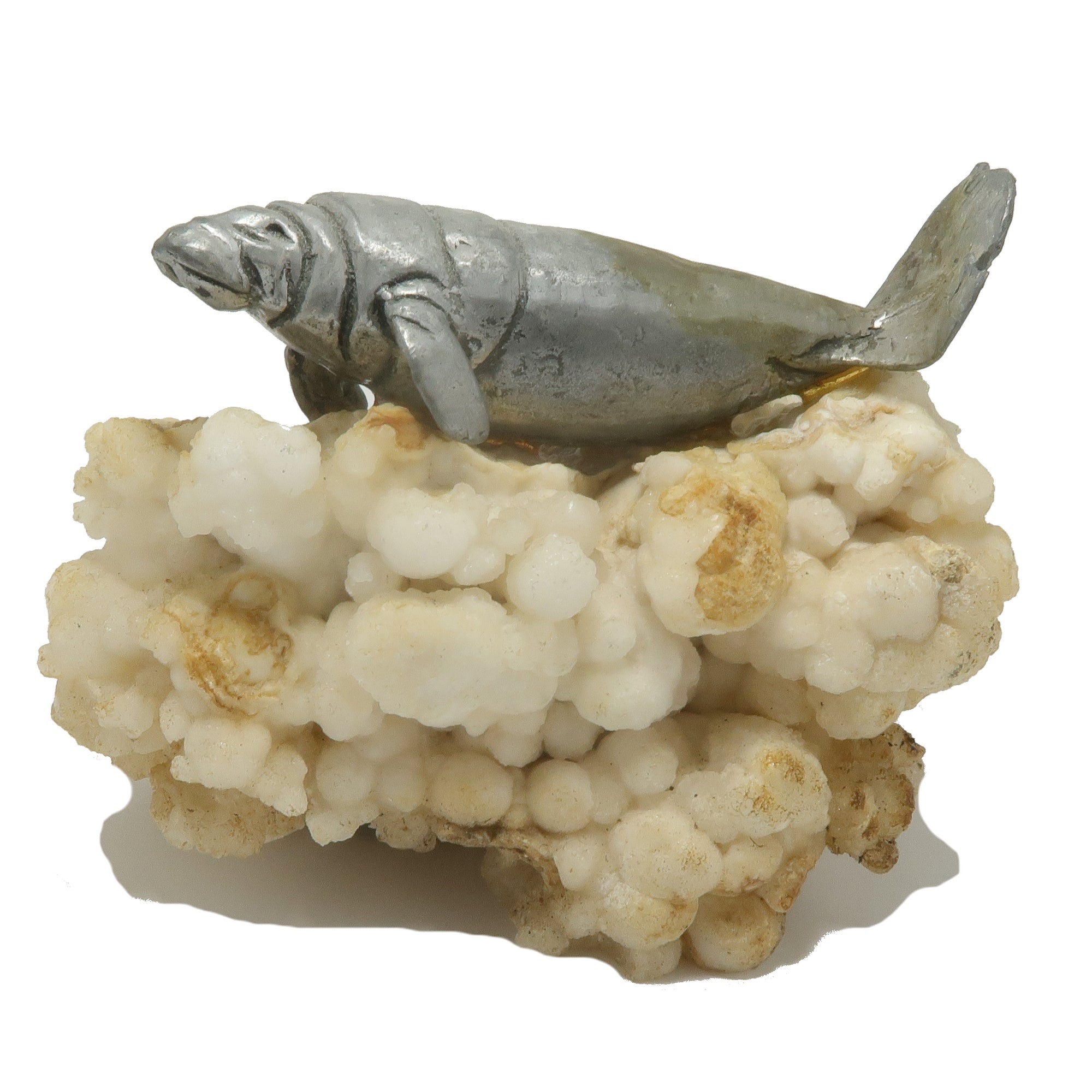 Weißer Calcit-Cluster, silberner Manati, Blasenstalaktit, 3,25 Zoll