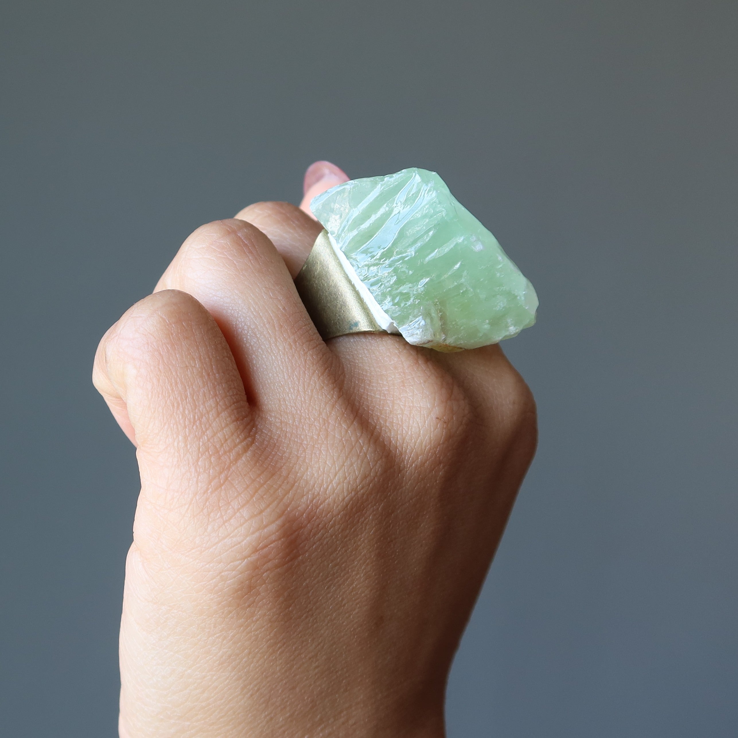 Green Calcite Ring Rock Candy Bronze Adjustable