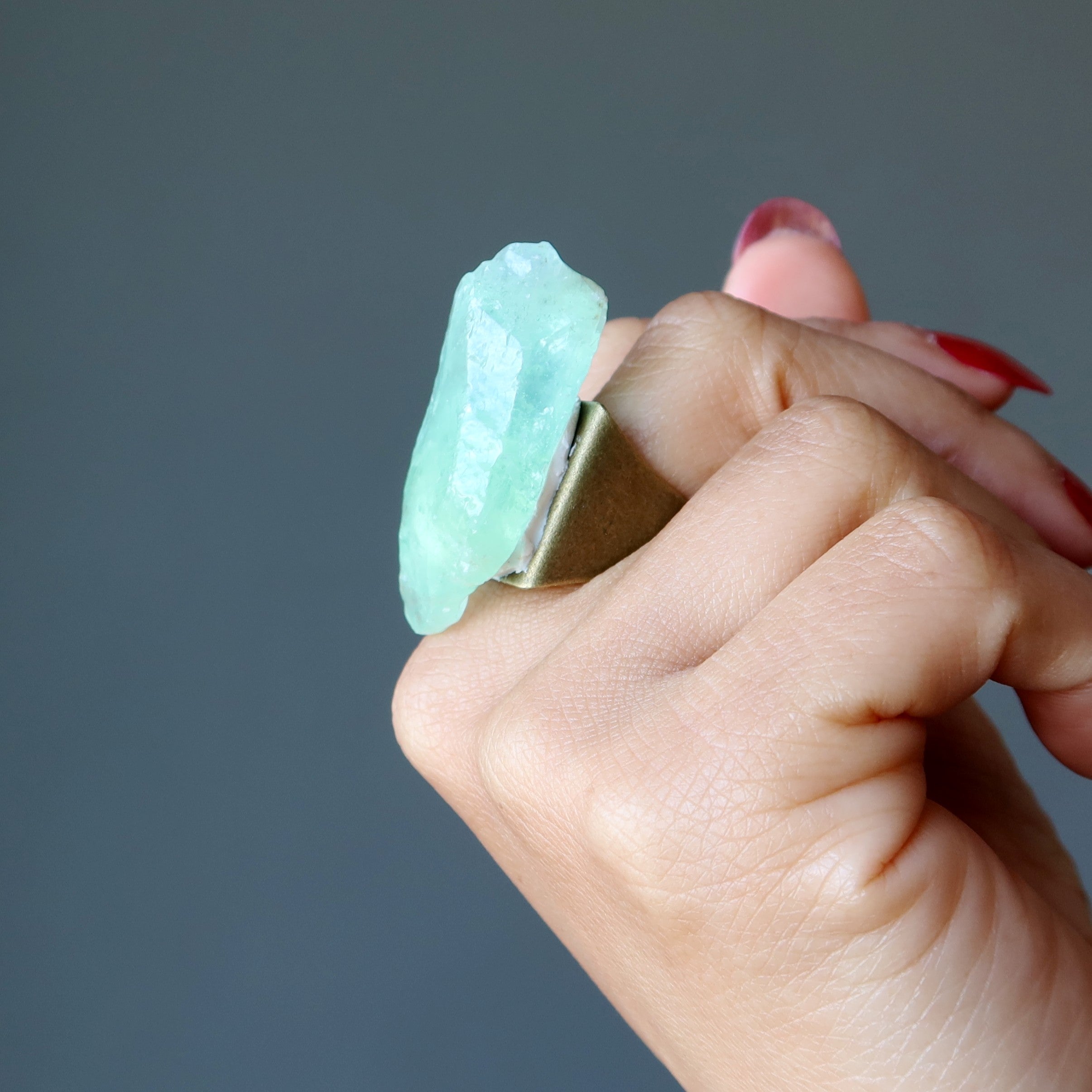 Green Calcite Ring Rock Candy Bronze Adjustable