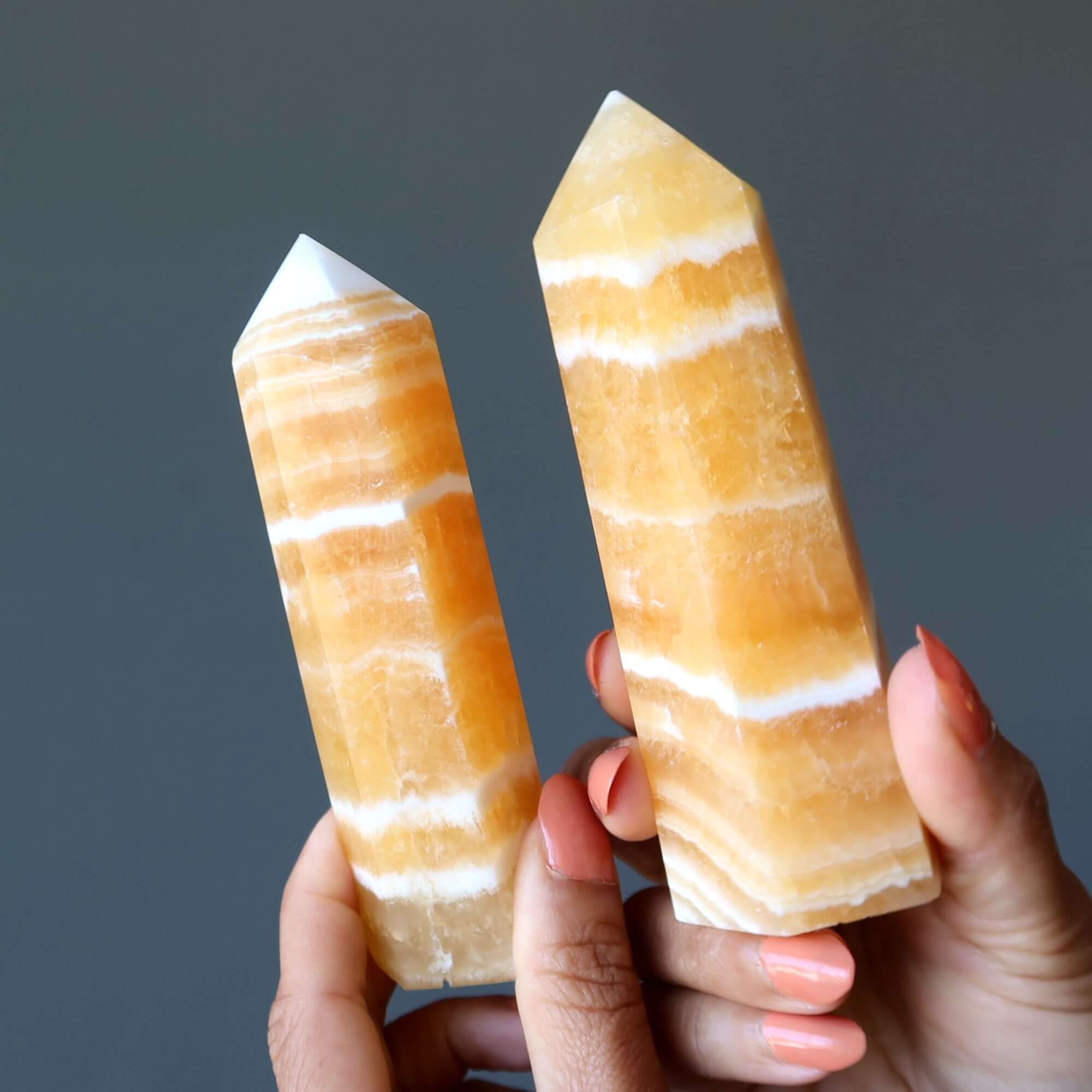 Orange Calcite tower wand beacon of confidence, polished crystal points for Solar Plexus chakra energy and uplifting home décor