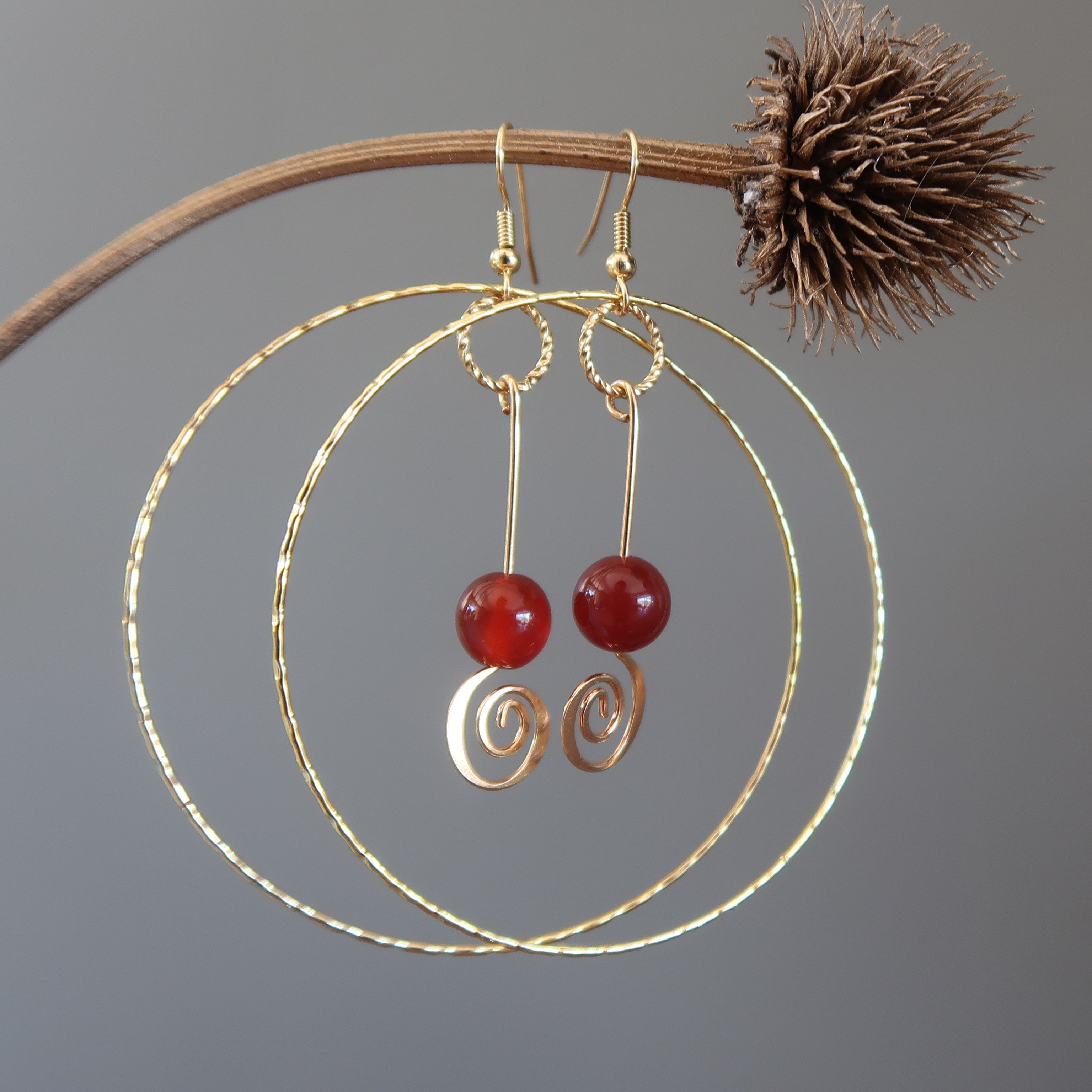 Carnelian Earrings Enchanting Trance Hoops Red Gold
