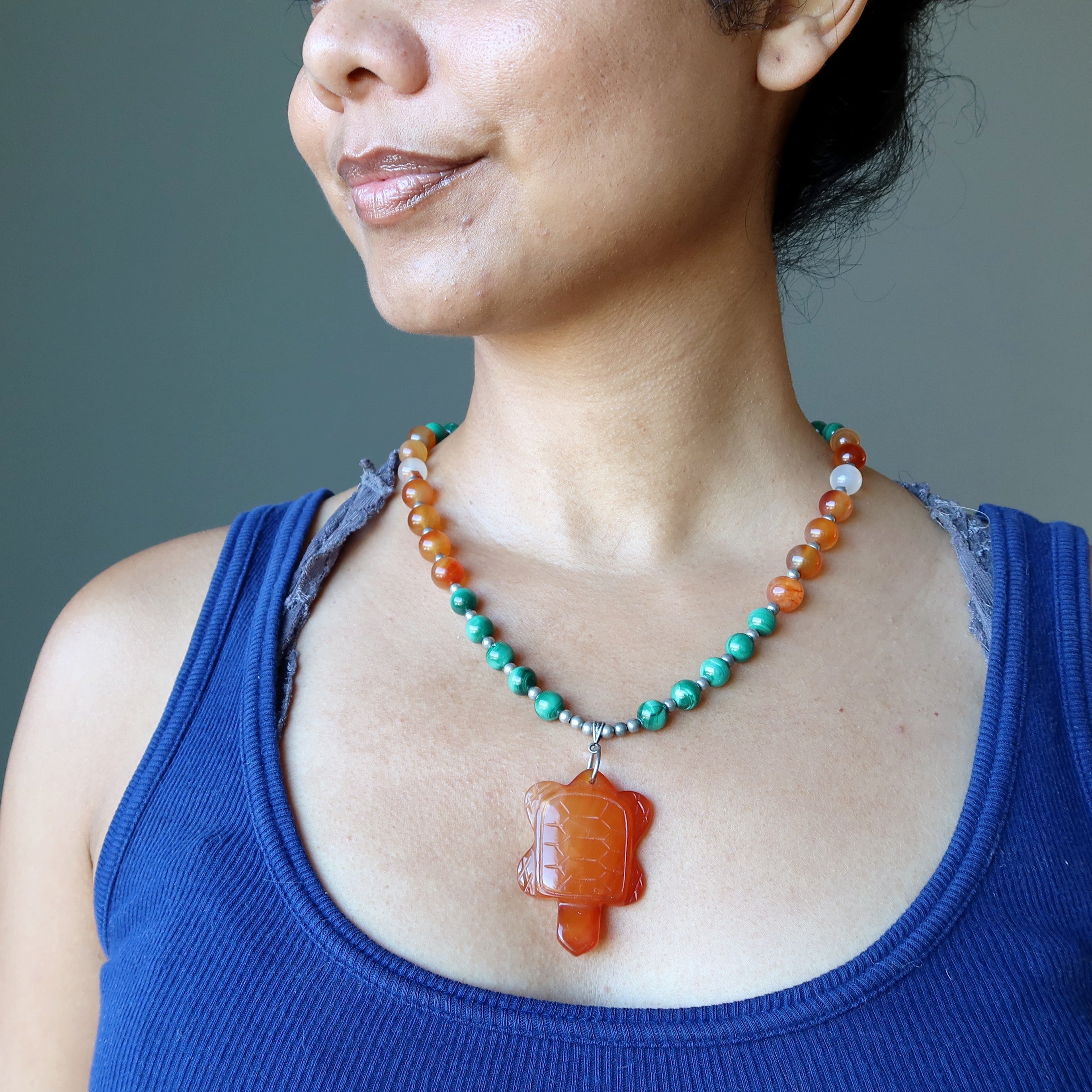Collier Cornaline Malachite Tortue de feu Cristal