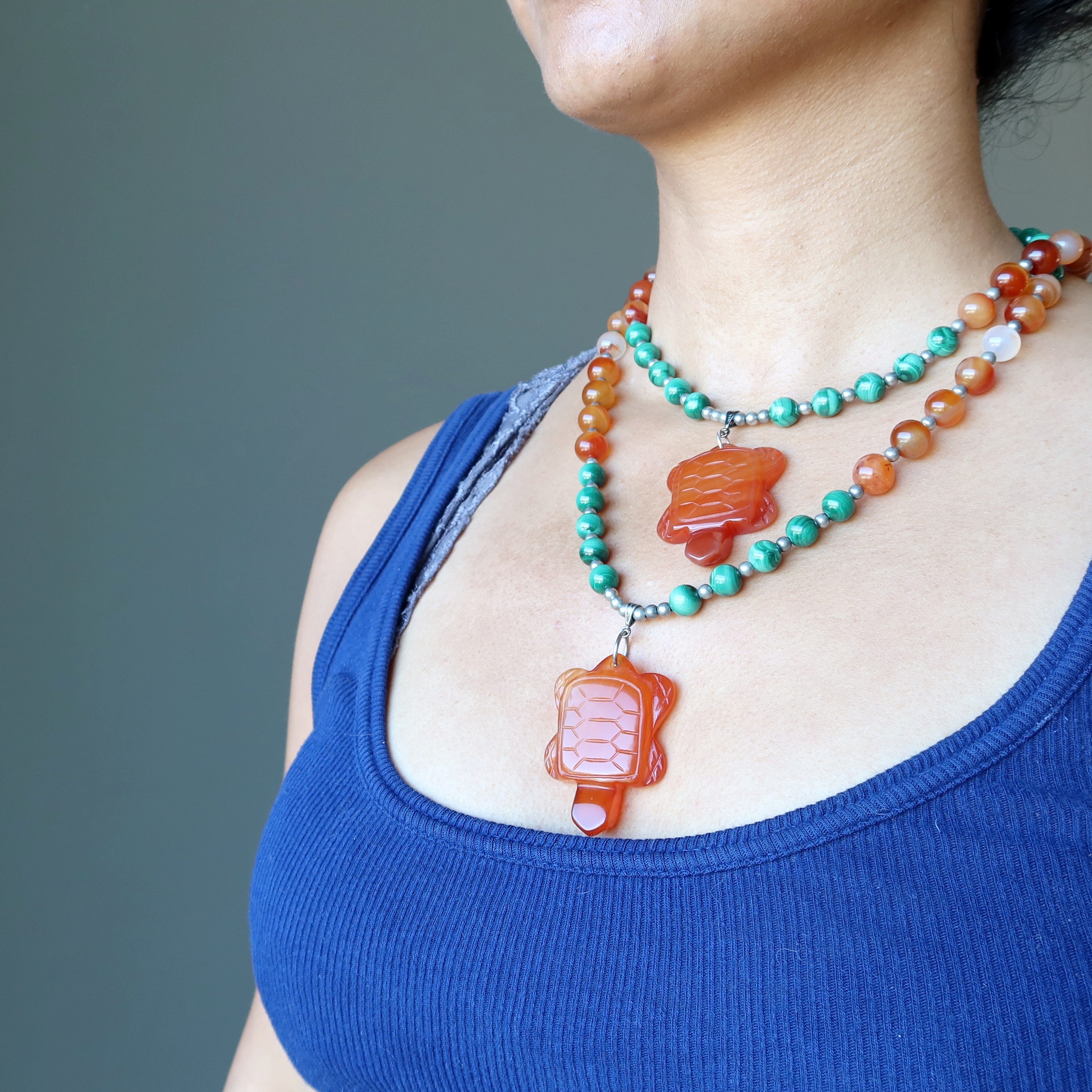 Collier Cornaline Malachite Tortue de feu Cristal