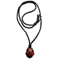 Carnelian macrame necklace with orange polished stone in black braided adjustable cord