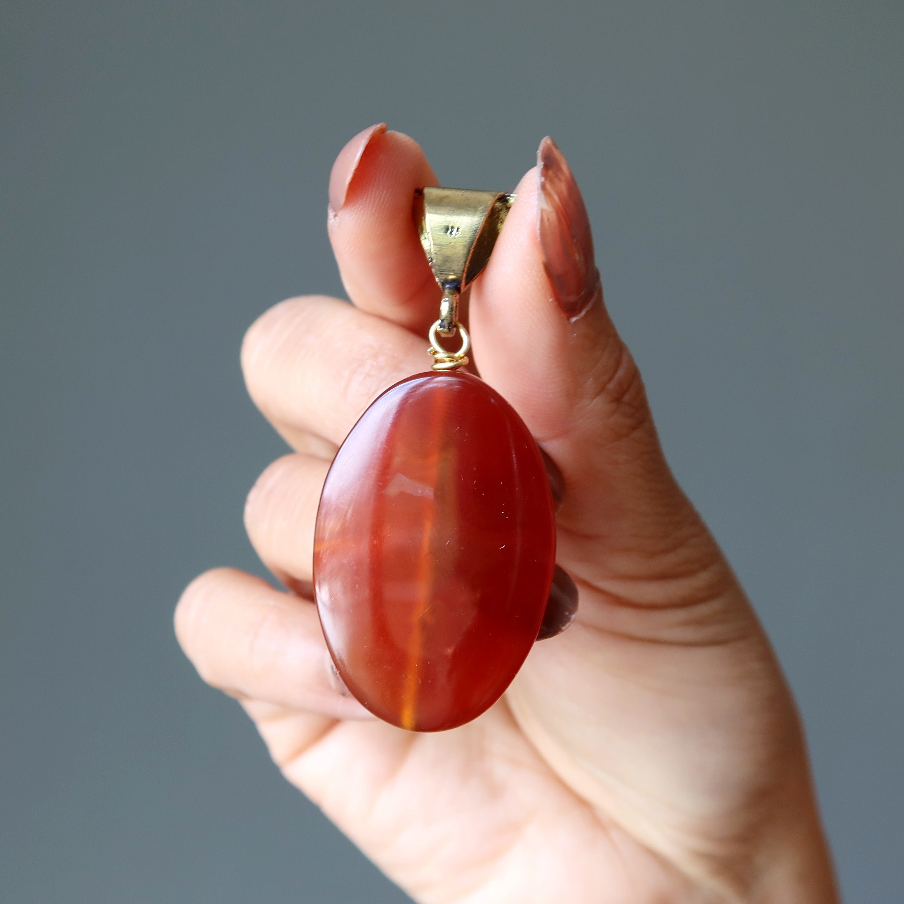 Carnelian Pendant Dark Red Oval Crystal Gold