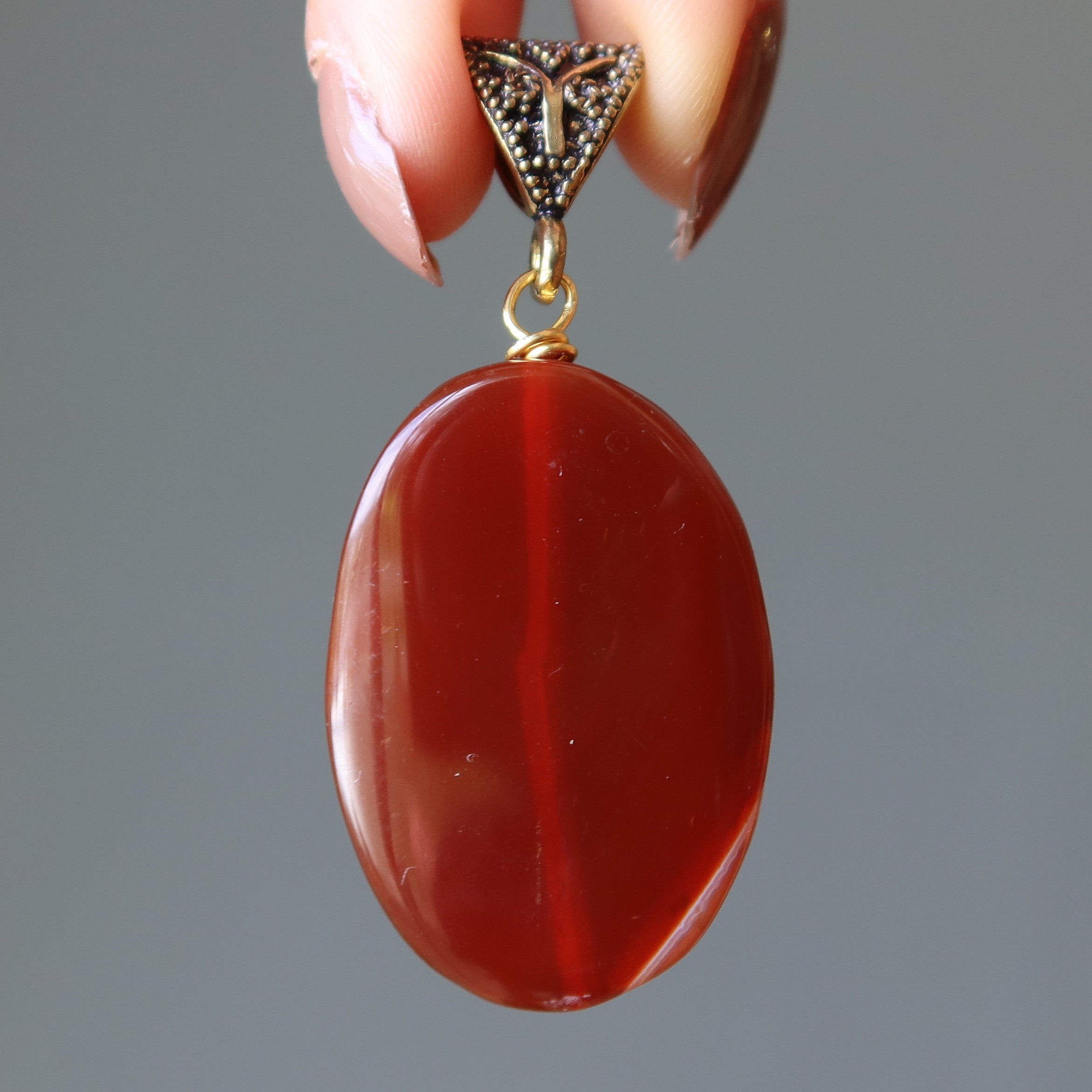 Carnelian Pendant Dark Red Oval Crystal Gold