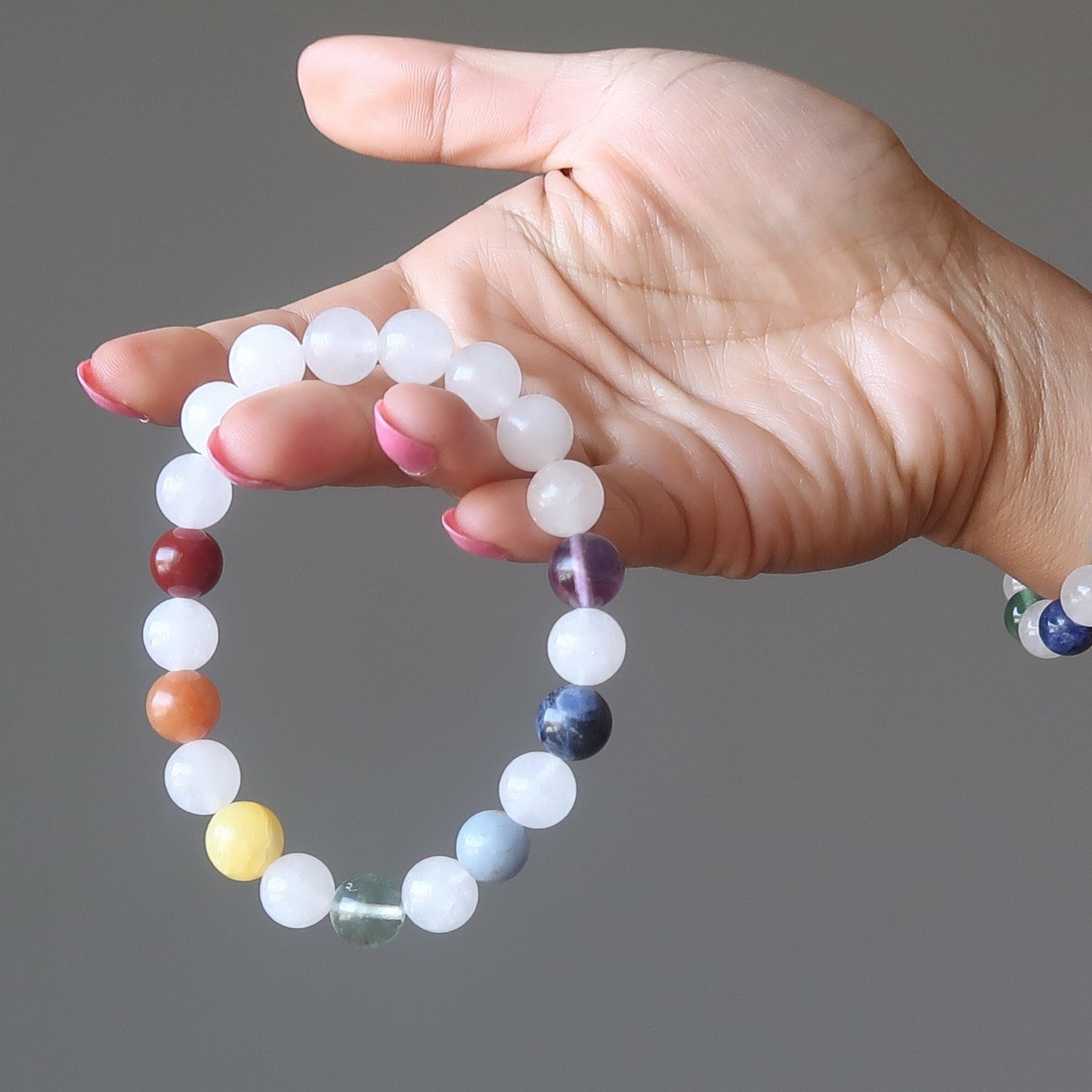 Snow Quartz Bracelet 7 Chakra Beads Rainbow Crystal Healing
