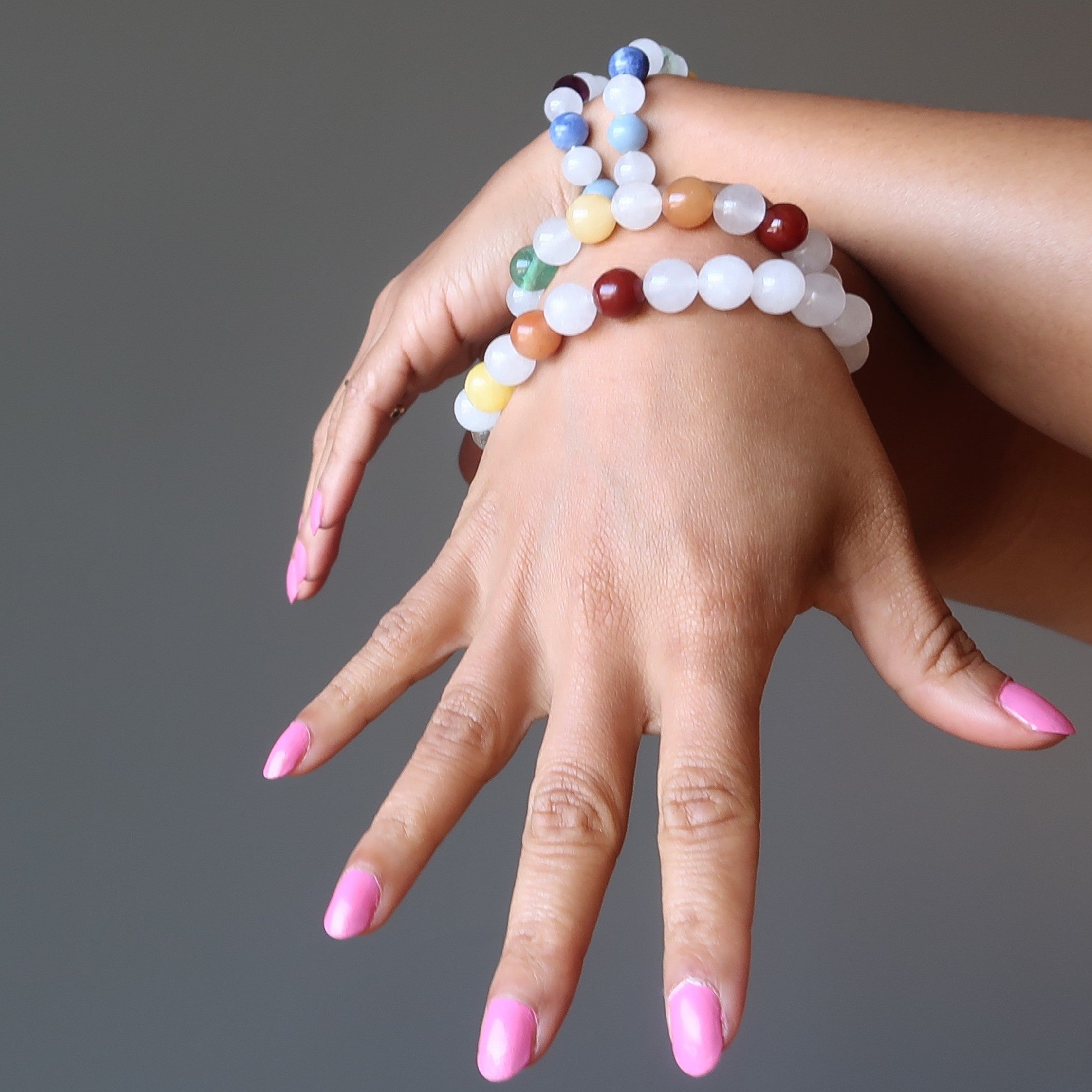 Snow Quartz Bracelet 7 Chakra Beads Rainbow Crystal Healing