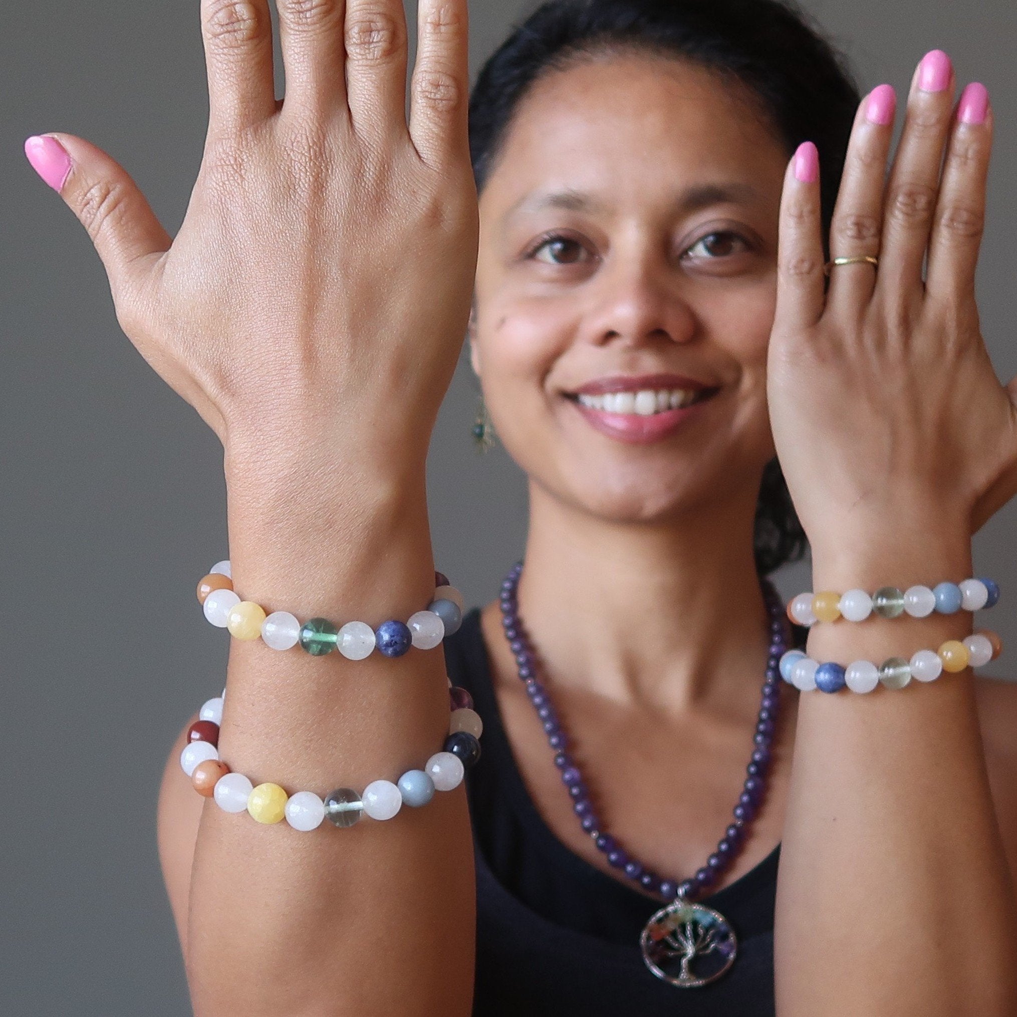 Snow Quartz Bracelet 7 Chakra Beads Rainbow Crystal Healing