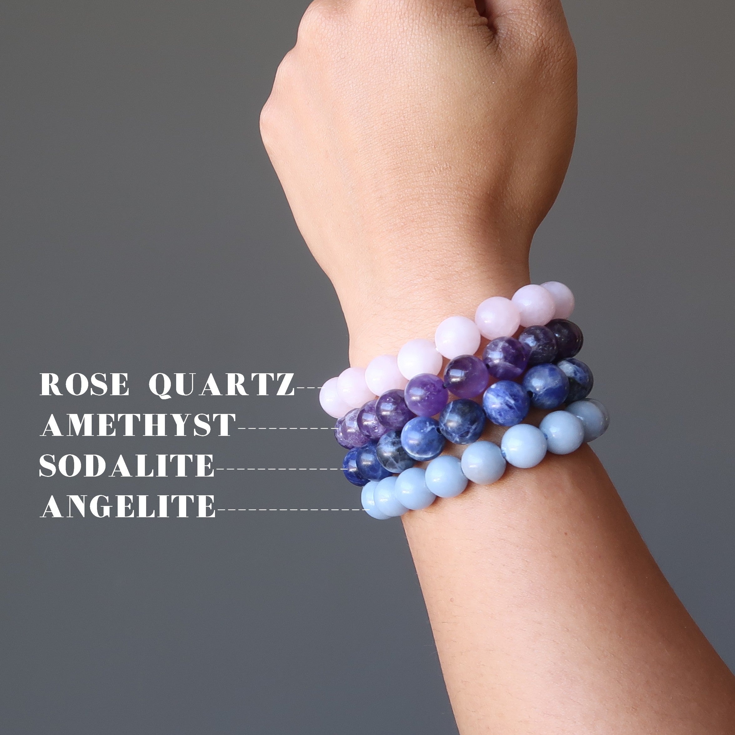 Kristall-Chakra-Armband-Set: Amethyst Sodalith Angelit Rosenquarz