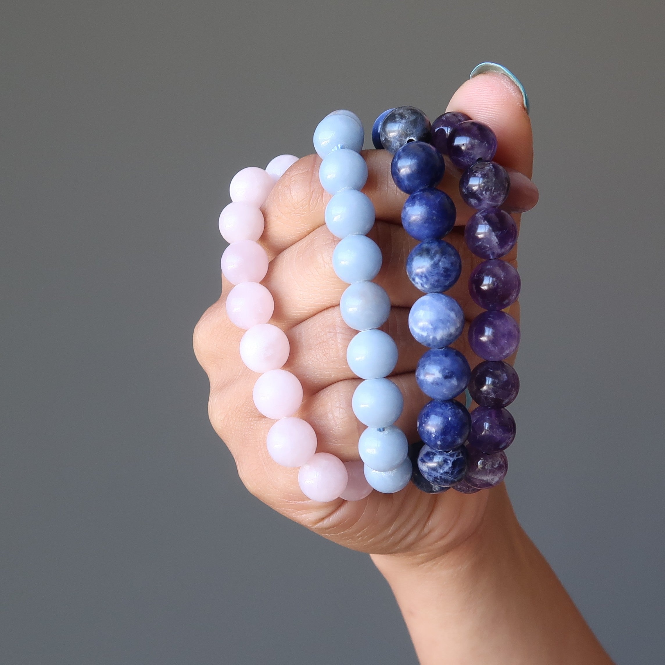 Kristall-Chakra-Armband-Set: Amethyst Sodalith Angelit Rosenquarz