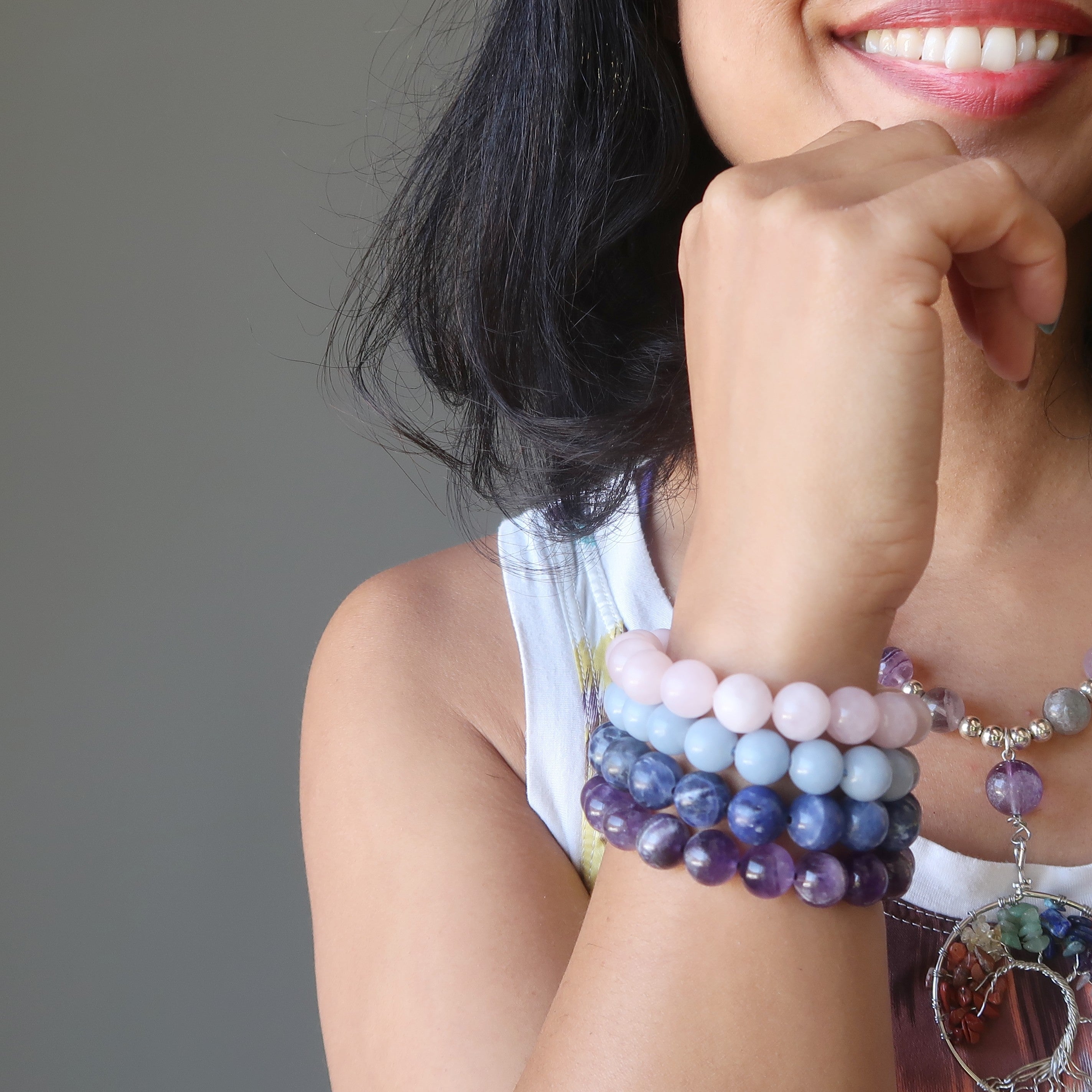 Kristall-Chakra-Armband-Set: Amethyst Sodalith Angelit Rosenquarz