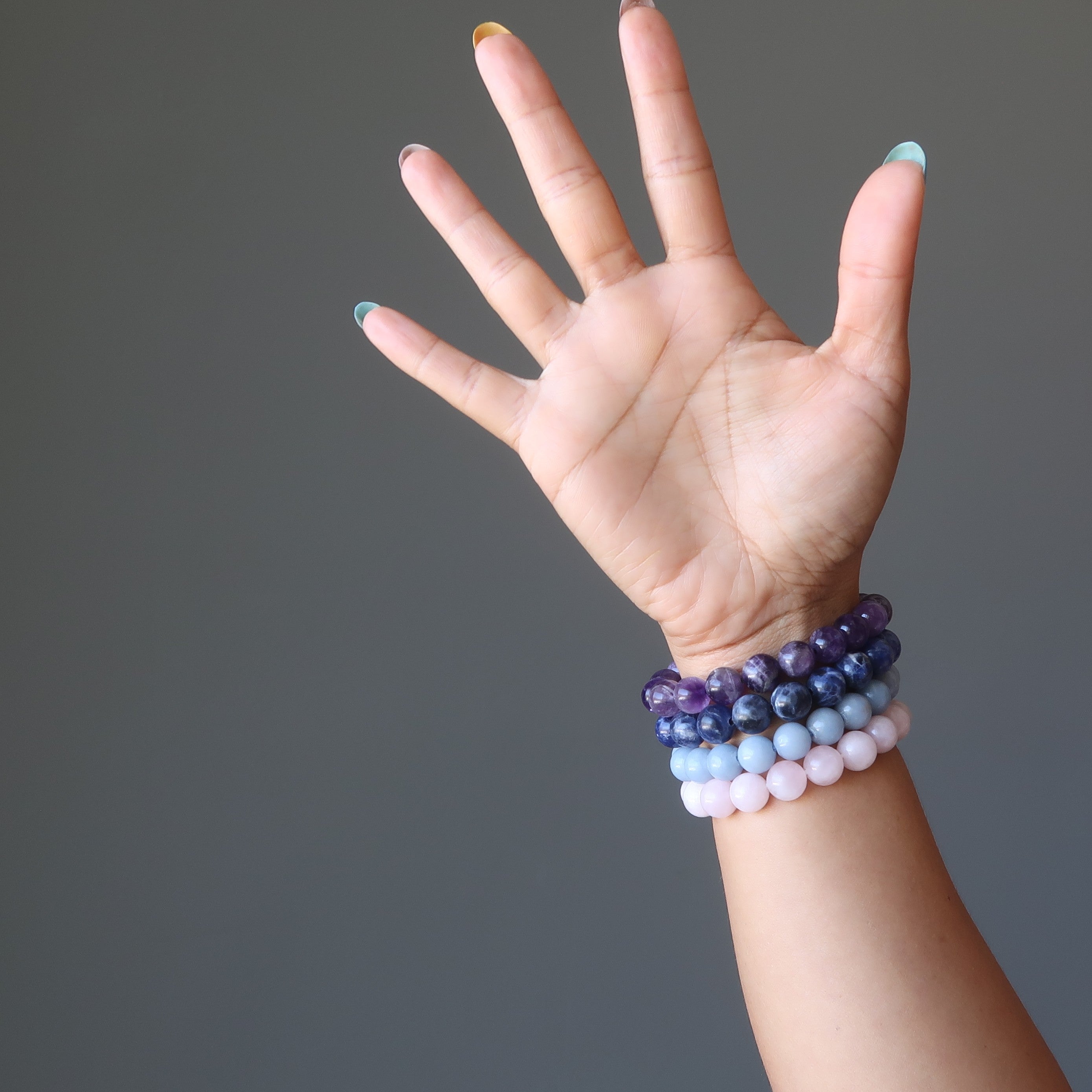 Kristall-Chakra-Armband-Set: Amethyst Sodalith Angelit Rosenquarz