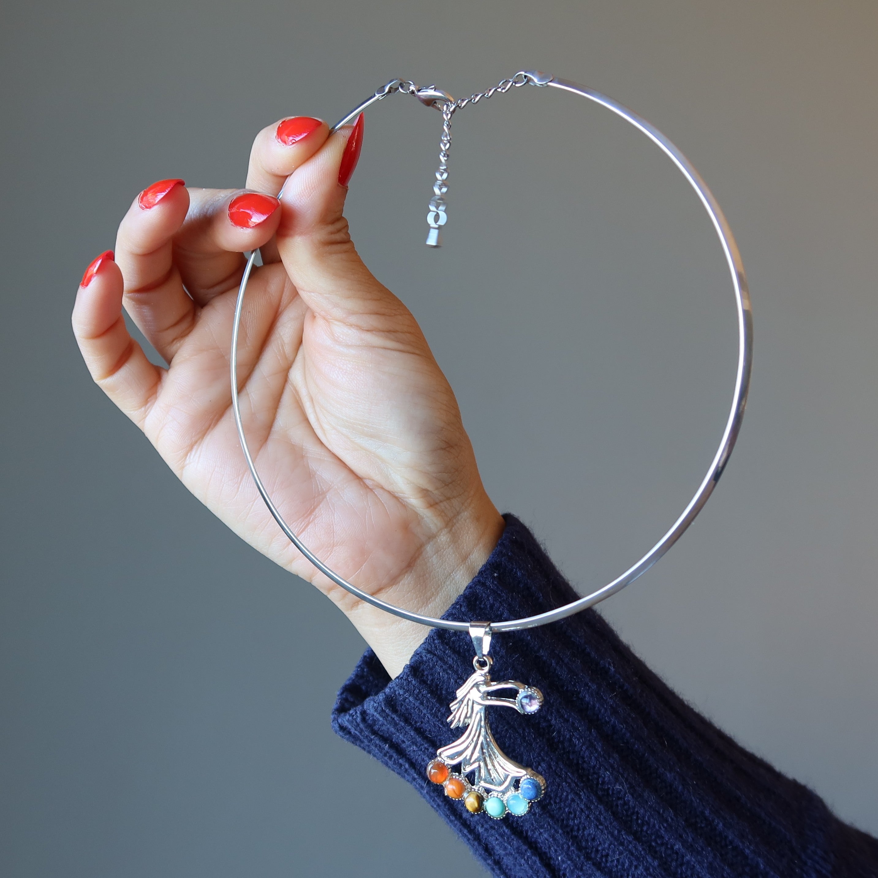 Collier Chakra Ange Généreux Pierres Arc-en-ciel Ras du Cou Argent