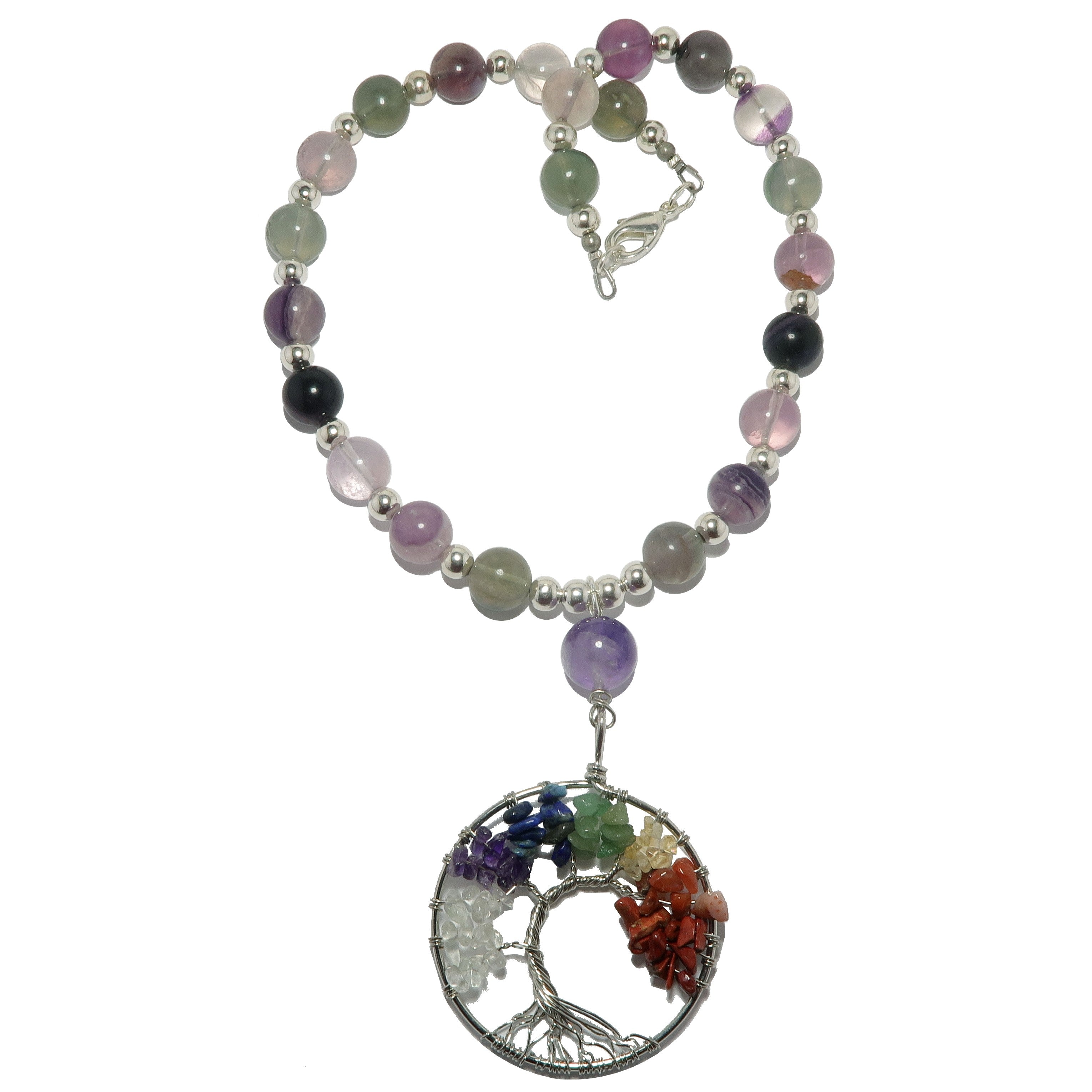 Fluorite Necklace Tree of Life Rainbow Chakra Stones