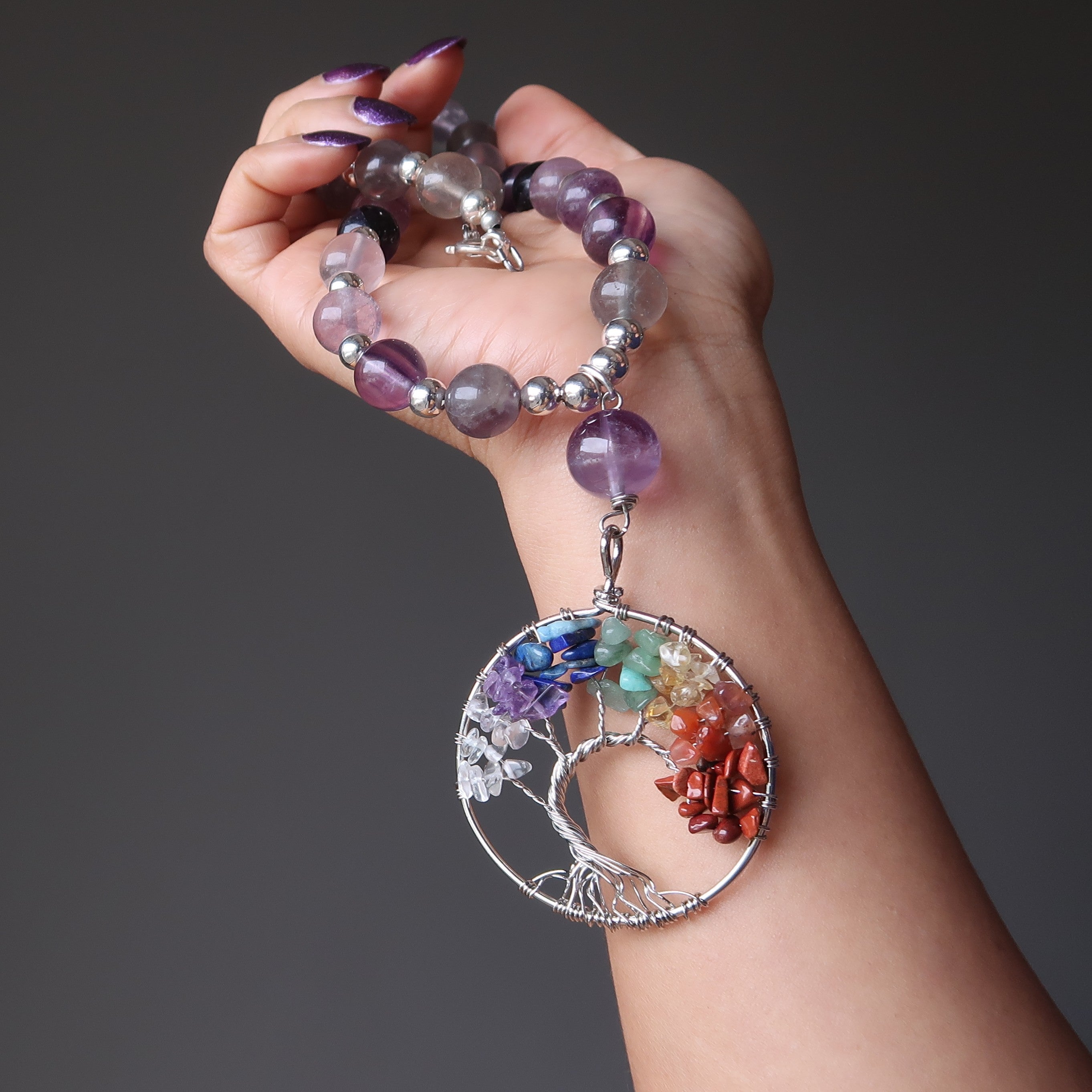 Fluorite Necklace Tree of Life Rainbow Chakra Stones