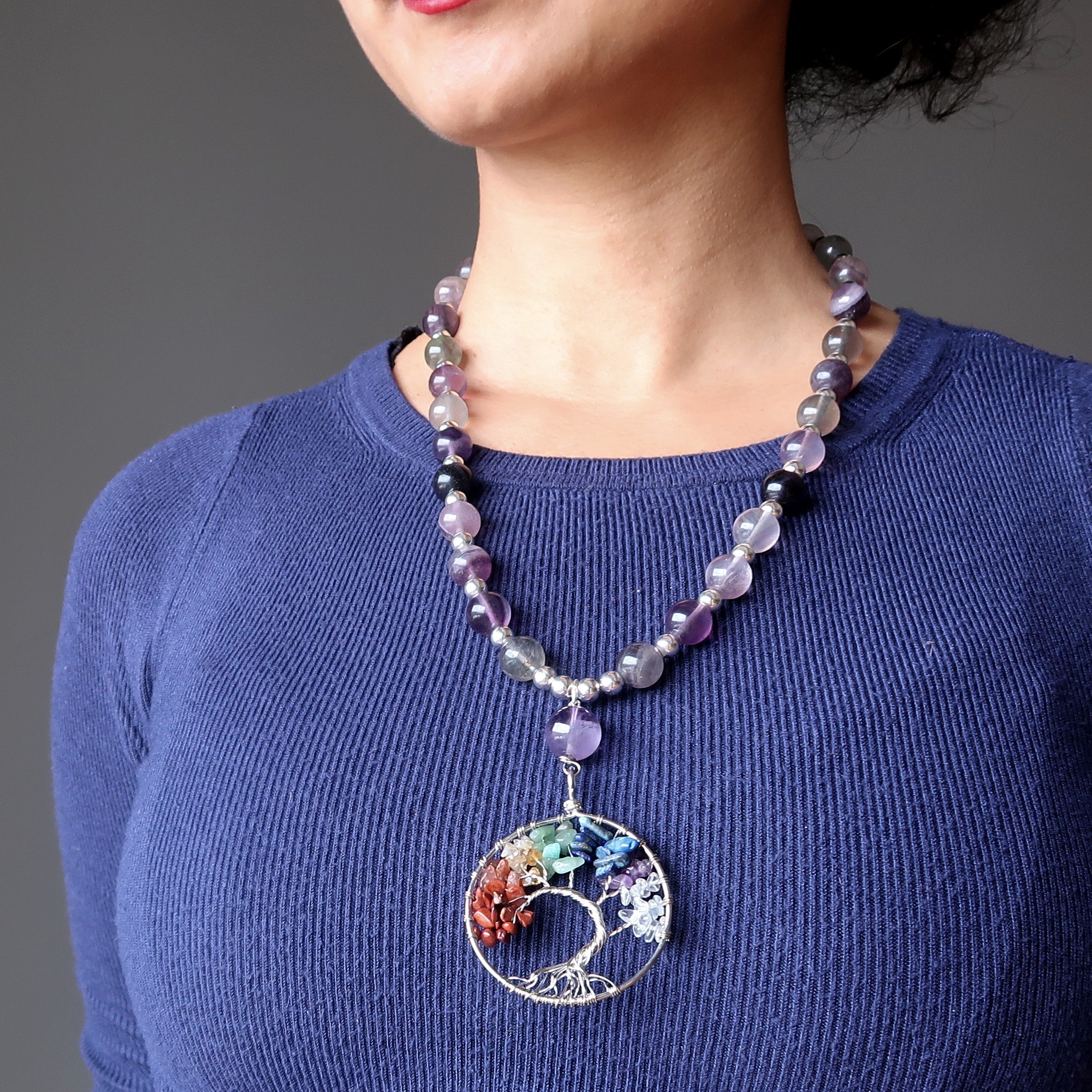 Fluorite Necklace Tree of Life Rainbow Chakra Stones