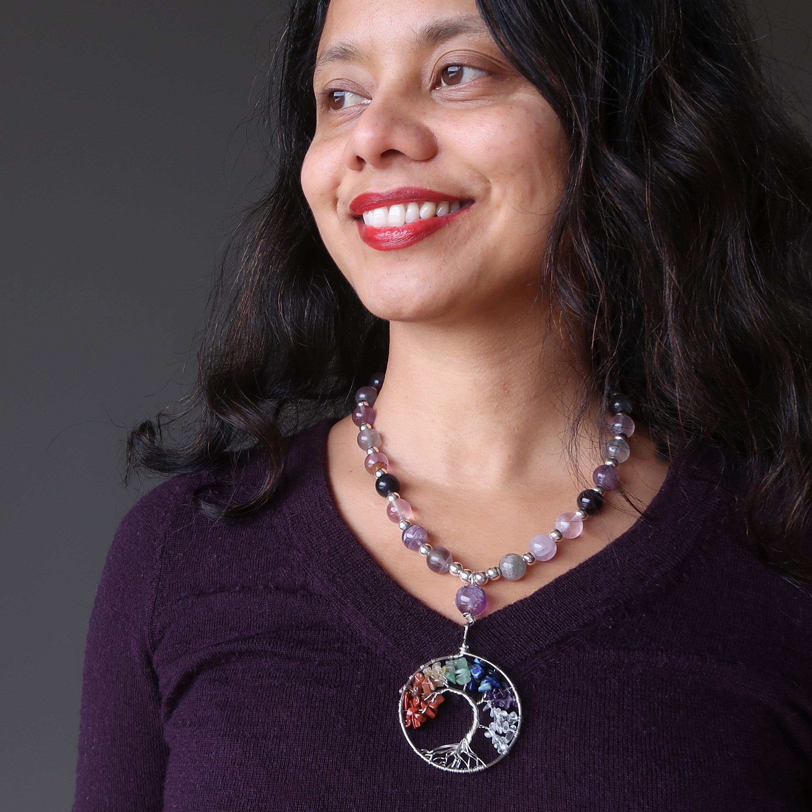 Fluorite Necklace Tree of Life Rainbow Chakra Stones