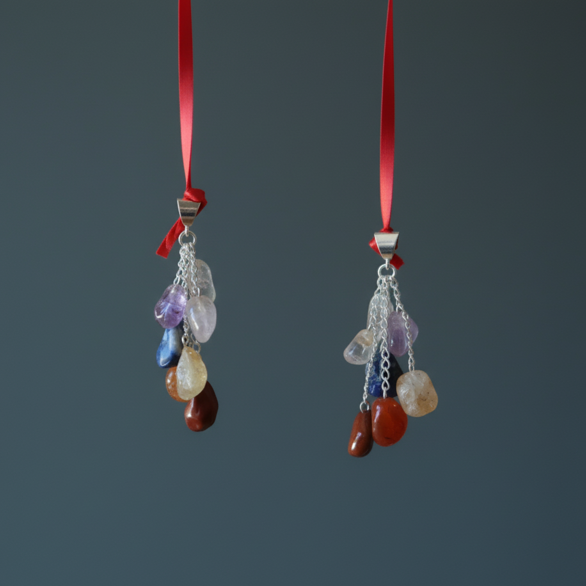 Chakra Pendant 7 Rainbow Stones Dangling Silver