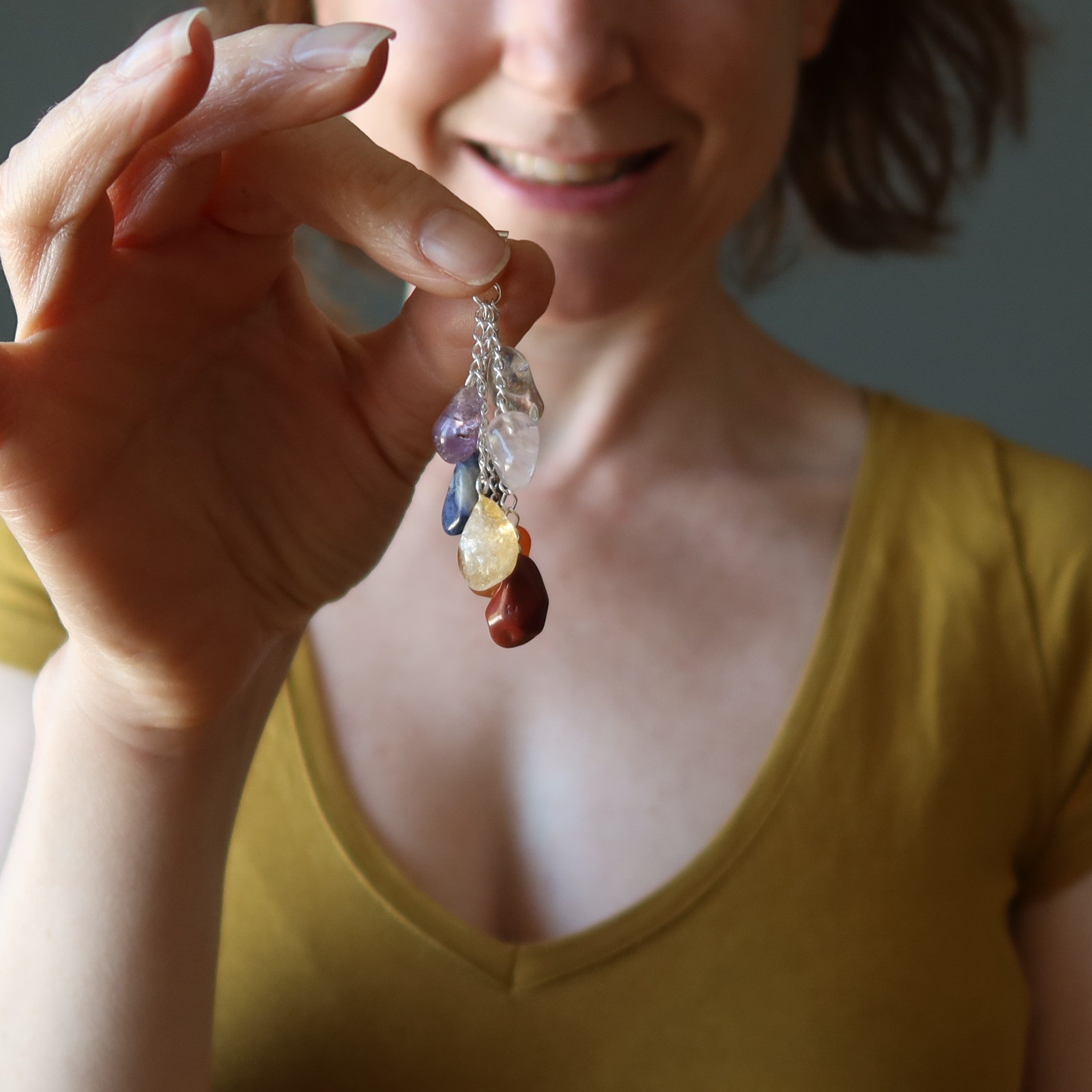 Chakra Pendant 7 Rainbow Stones Dangling Silver