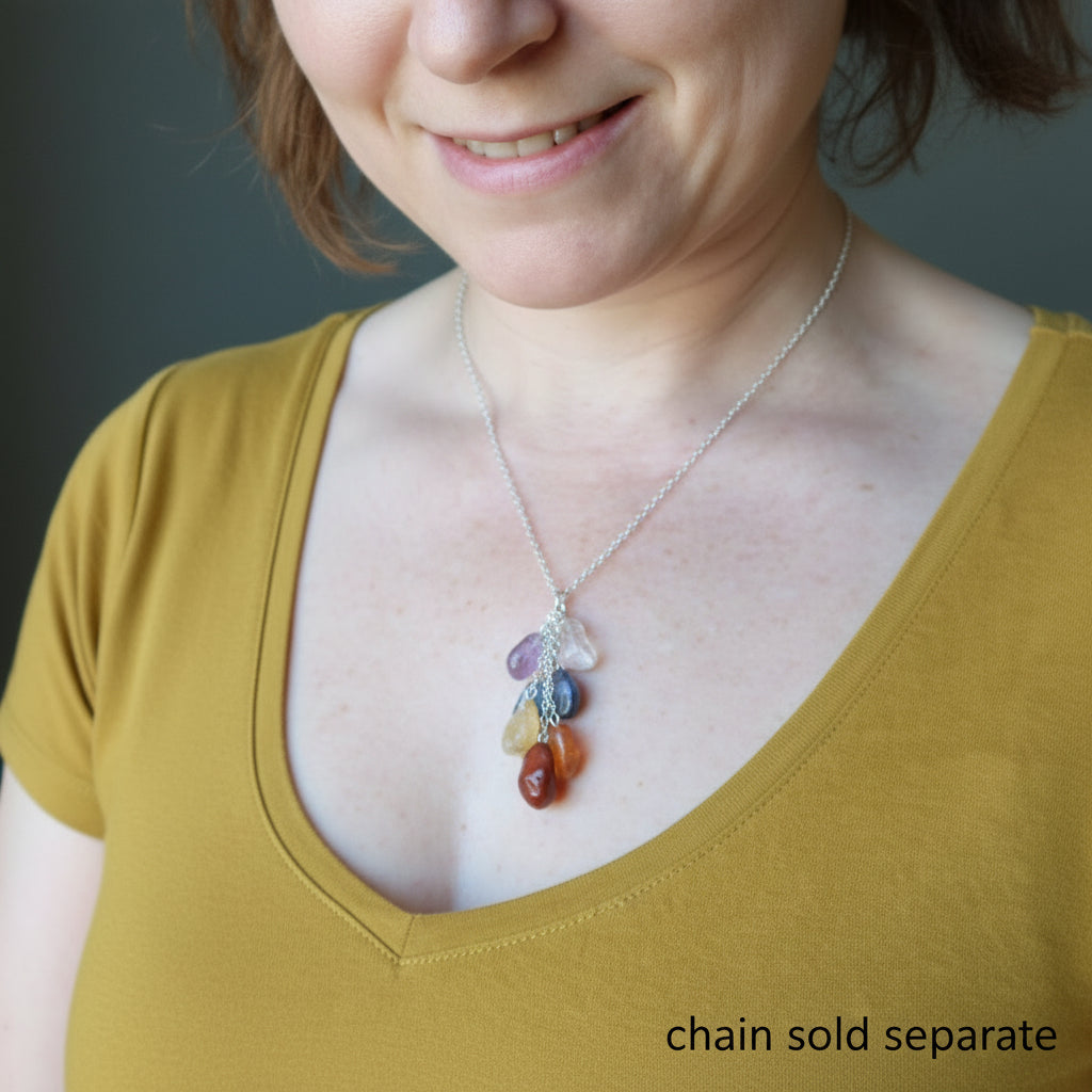 Chakra Pendant 7 Rainbow Stones Dangling Silver