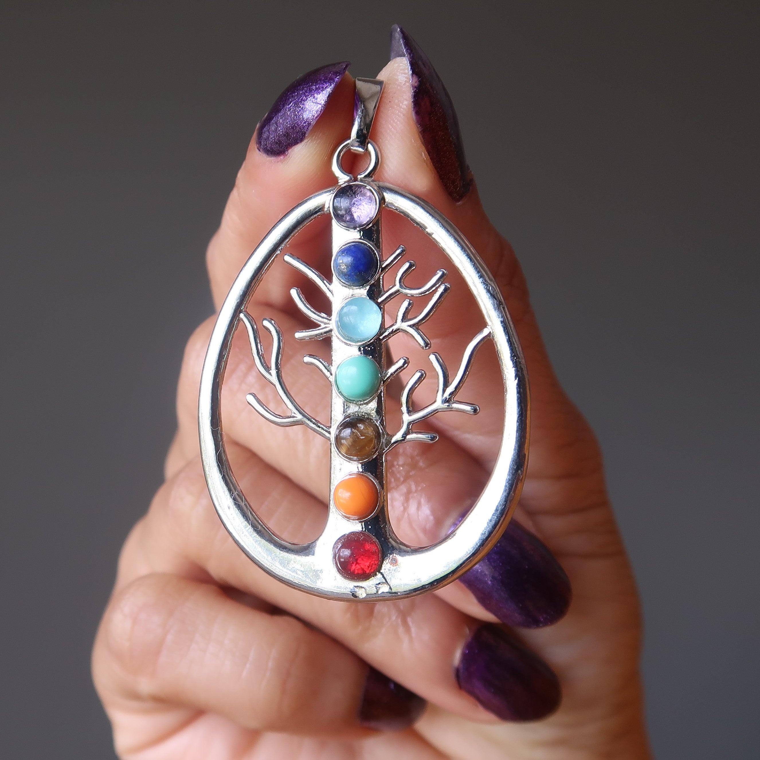 Chakra Anhänger Lebensbaum Regenbogen 7 Steine Silber