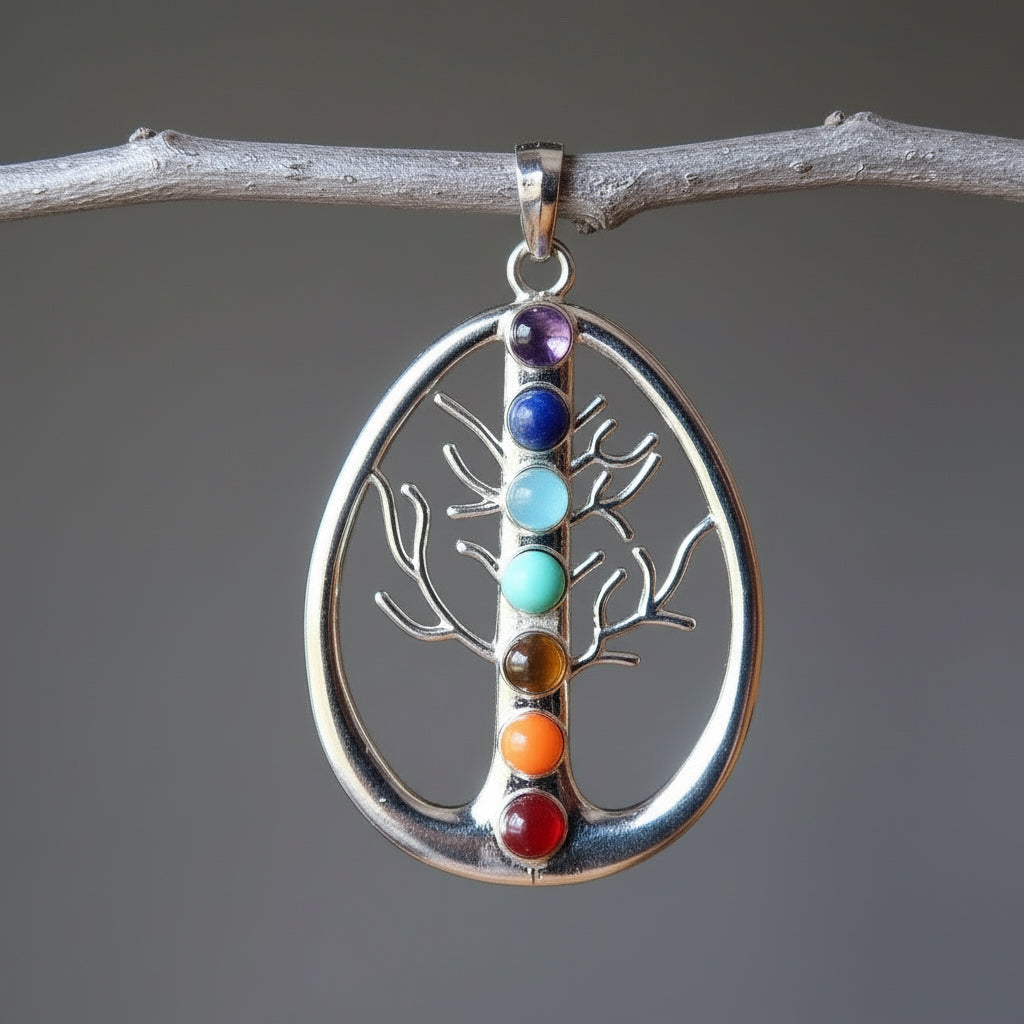 Chakra Anhänger Lebensbaum Regenbogen 7 Steine Silber